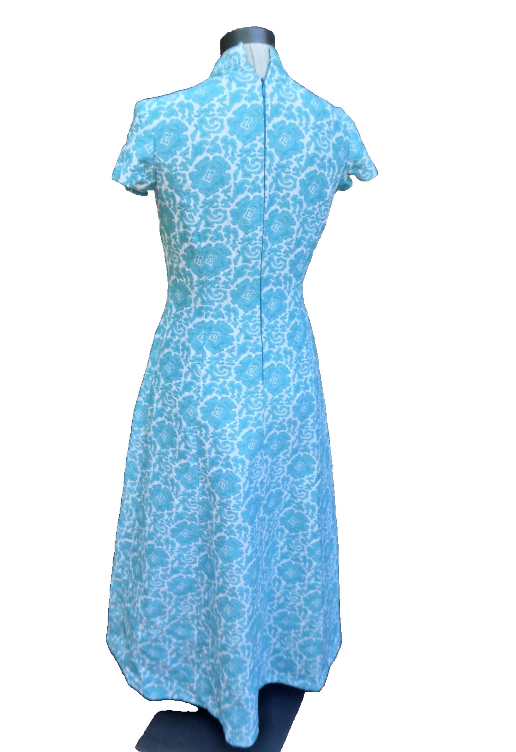 Vintage 1960s 1970s Heavy Matelasse Mock Neck Maxi Dress Blue White Hostess Gown