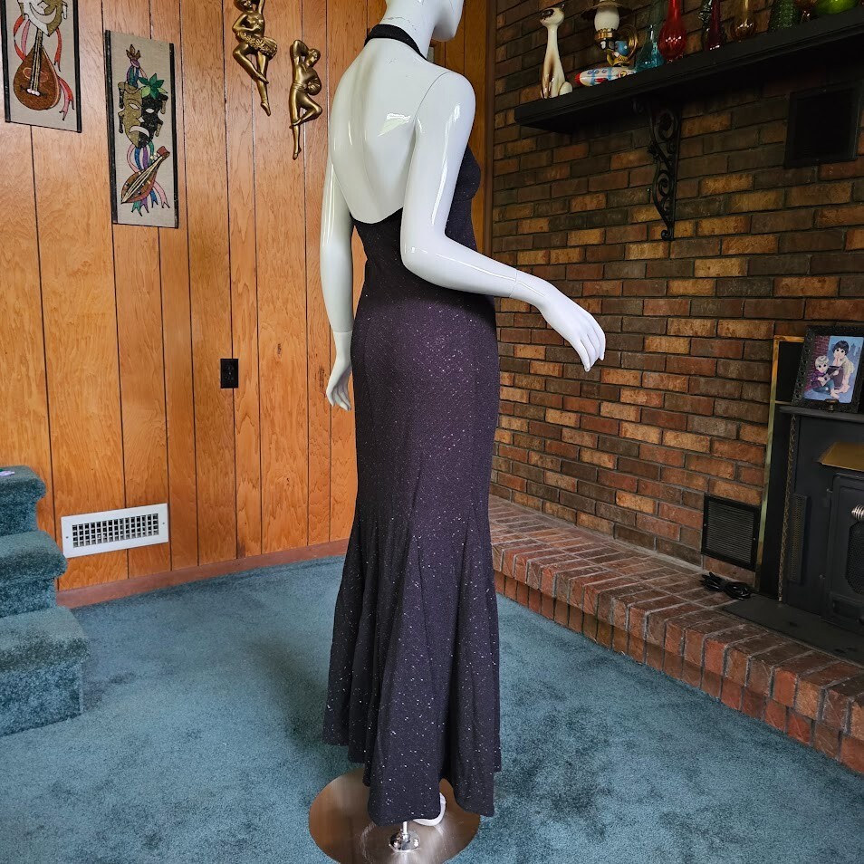 Vtg 80s Silver Glitter Goth Mermaid Backless Halter Dress Evening Prom Gown S