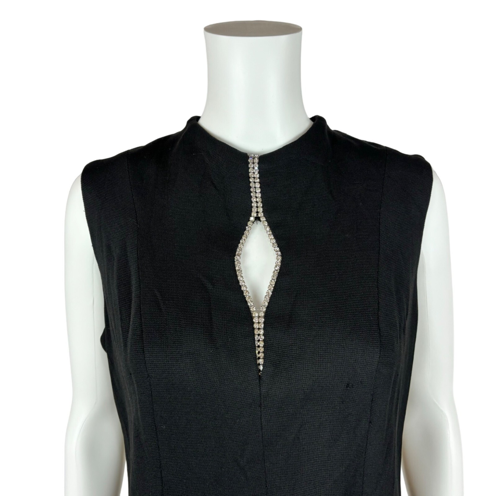 Vintage 60s Mod Mini Dress Black Rhinestone Keyhole Neckline Knit Tunic