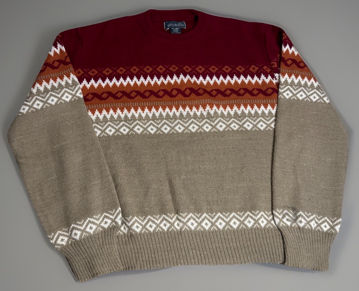 Vintage 1970s Sigallo Geometric Pattern Red Orange Acrylic Knit Sweater Boho Med