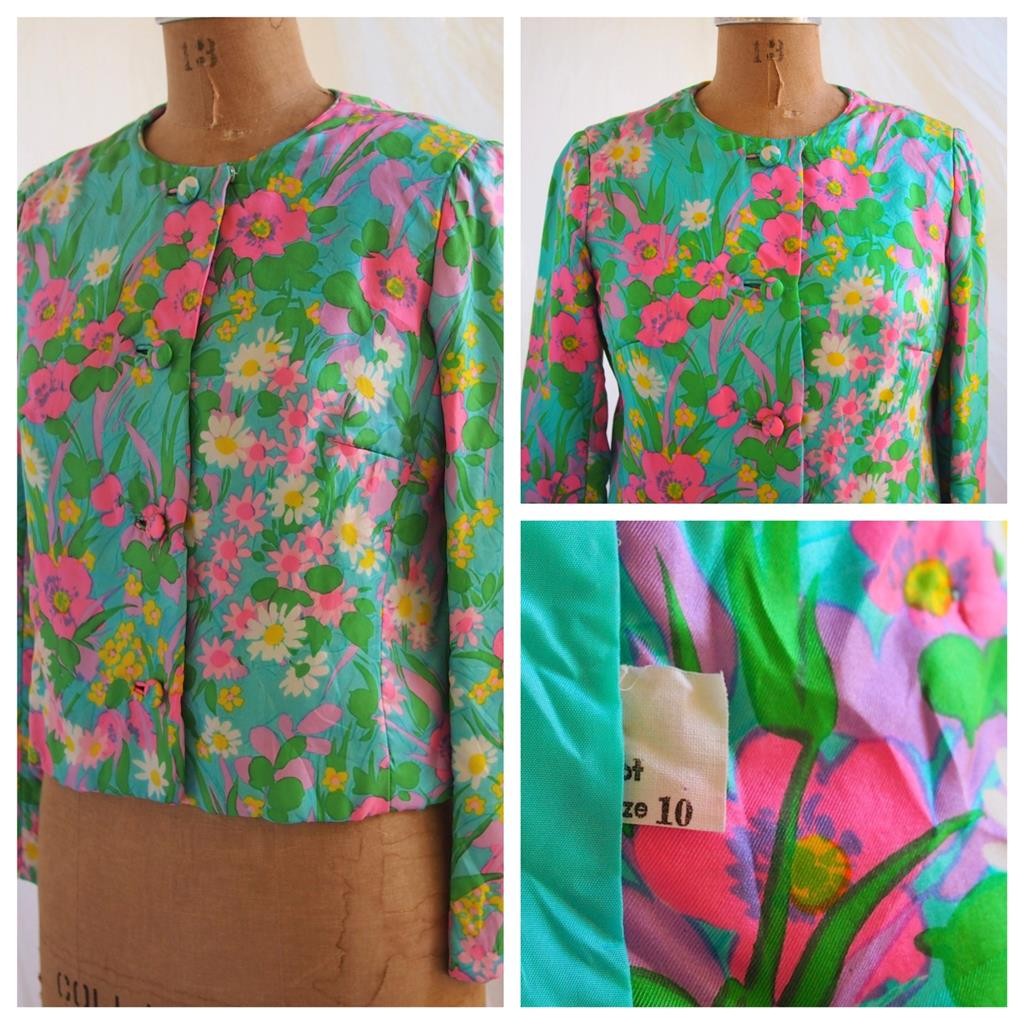 vtg 60s Mod Floral Silky Flower Power Short Jacket Palm Beach Jackie O Boho 10