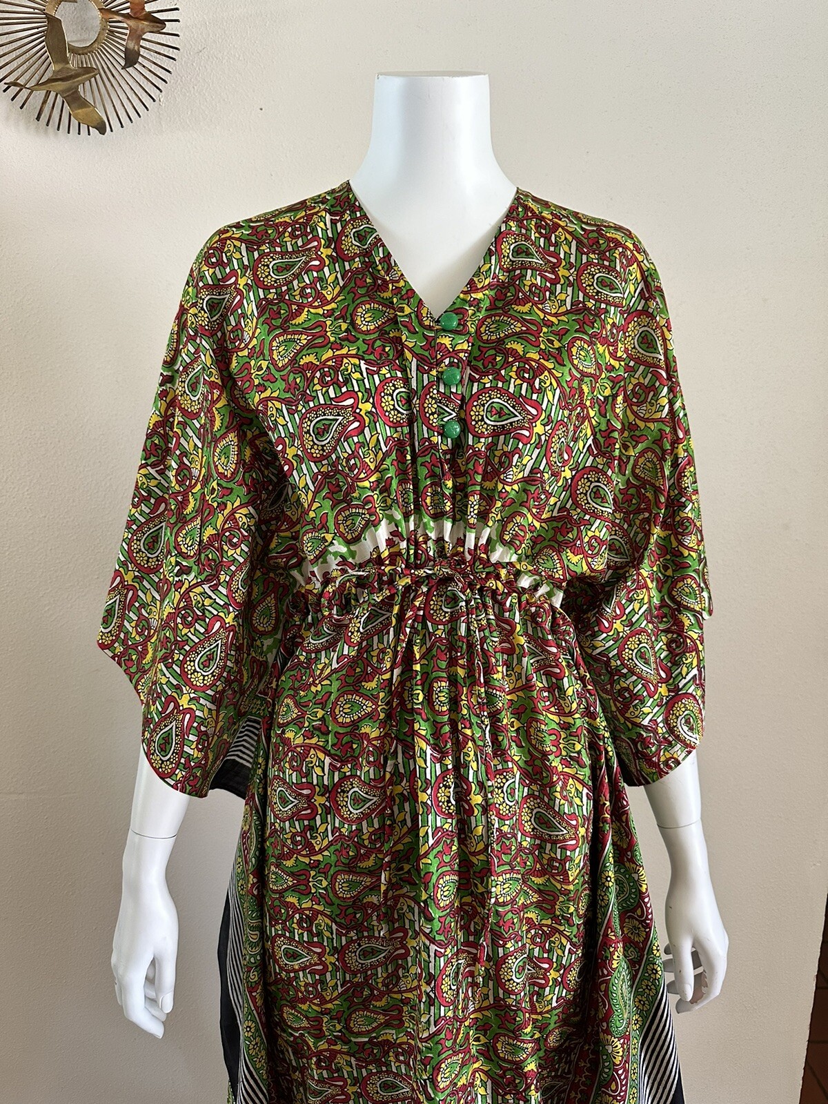 70s Handfabs Indian Block Print Caftan Dress Maxi Mumu Beach Cabana Pool 80s VTG