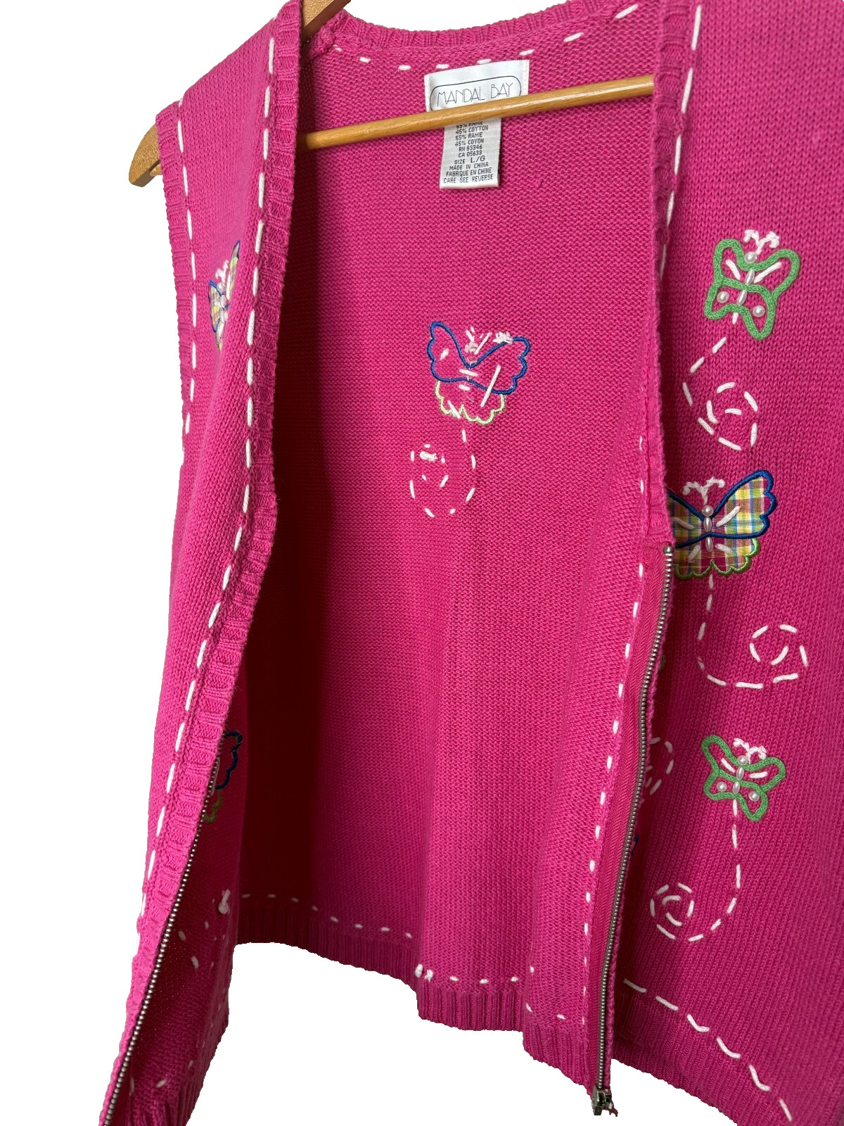 Vintage Mandal Bay Pink Zip Up Sweater Vest Butterflies Sz LG Cottage Grandma