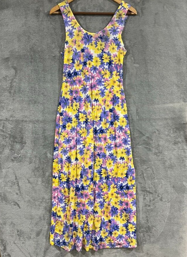 VTG Floral Sundress Maxi Daisy Colorful Flower 90s Dress Yellow Purple Pink Sz L