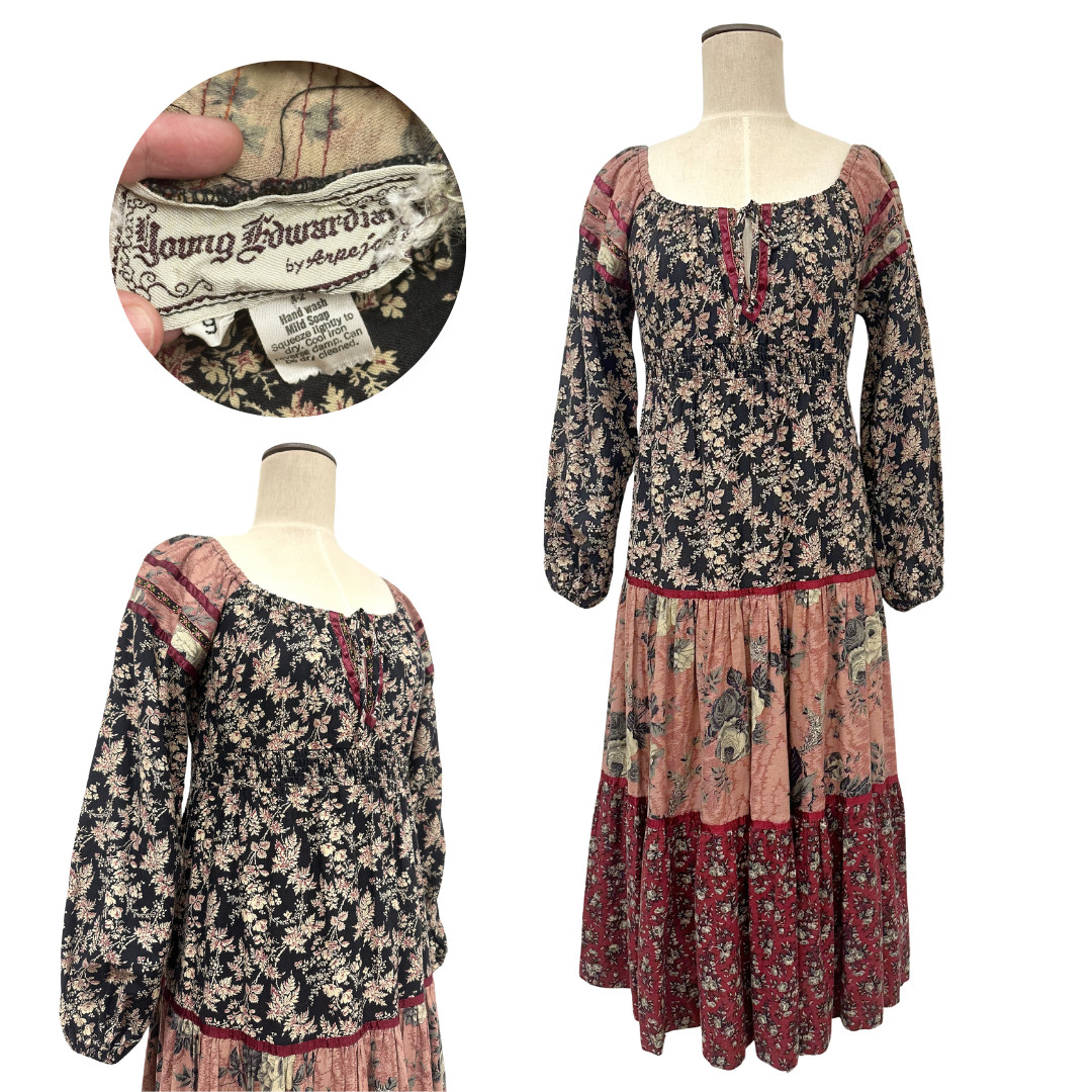 Vintage 1970s Young Edwardian by Arpeja Floral Patchwork Tiered Boho Dress