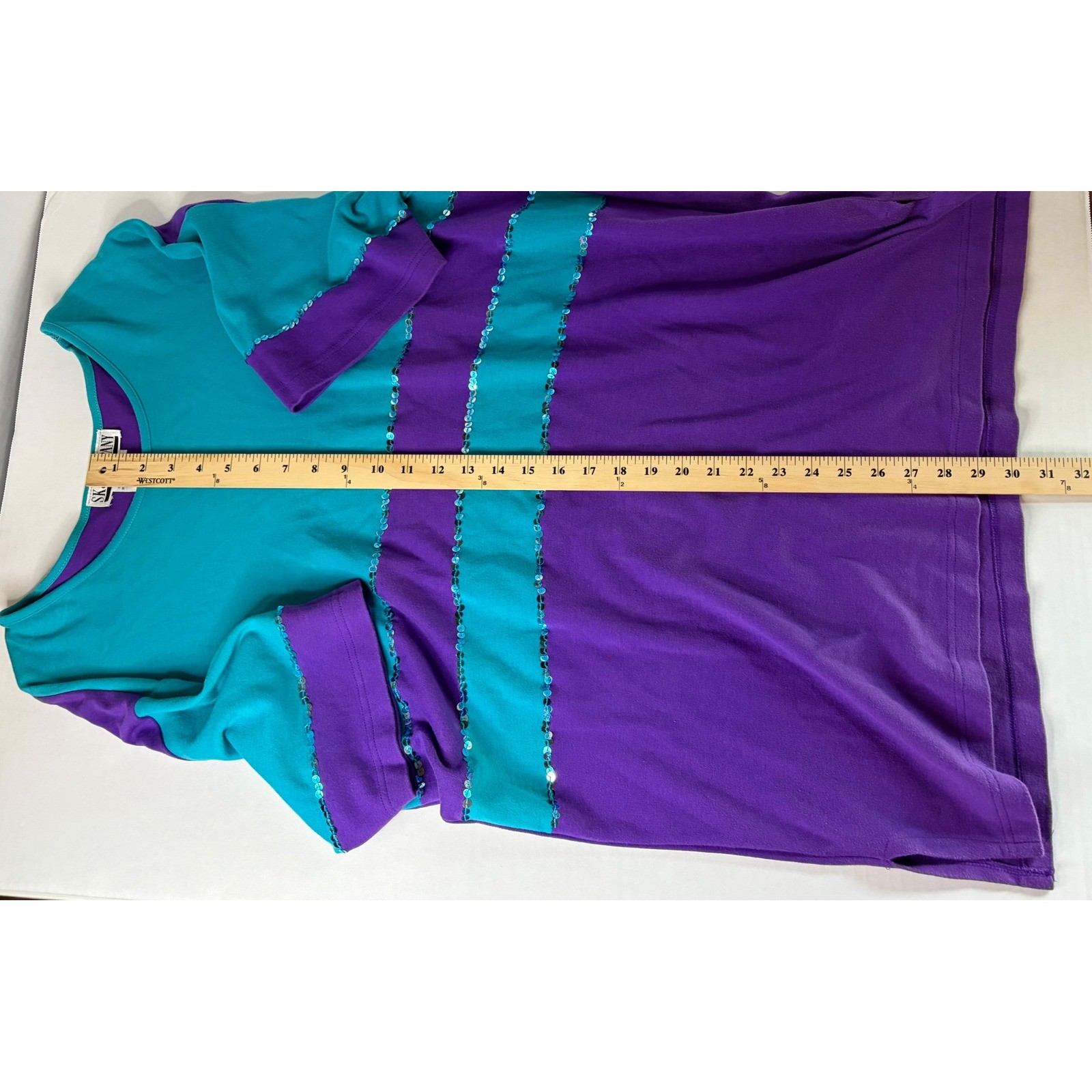 SK & Company Vintage Teal Purple Color Block Sequin Cotton Top Plus Size 1X
