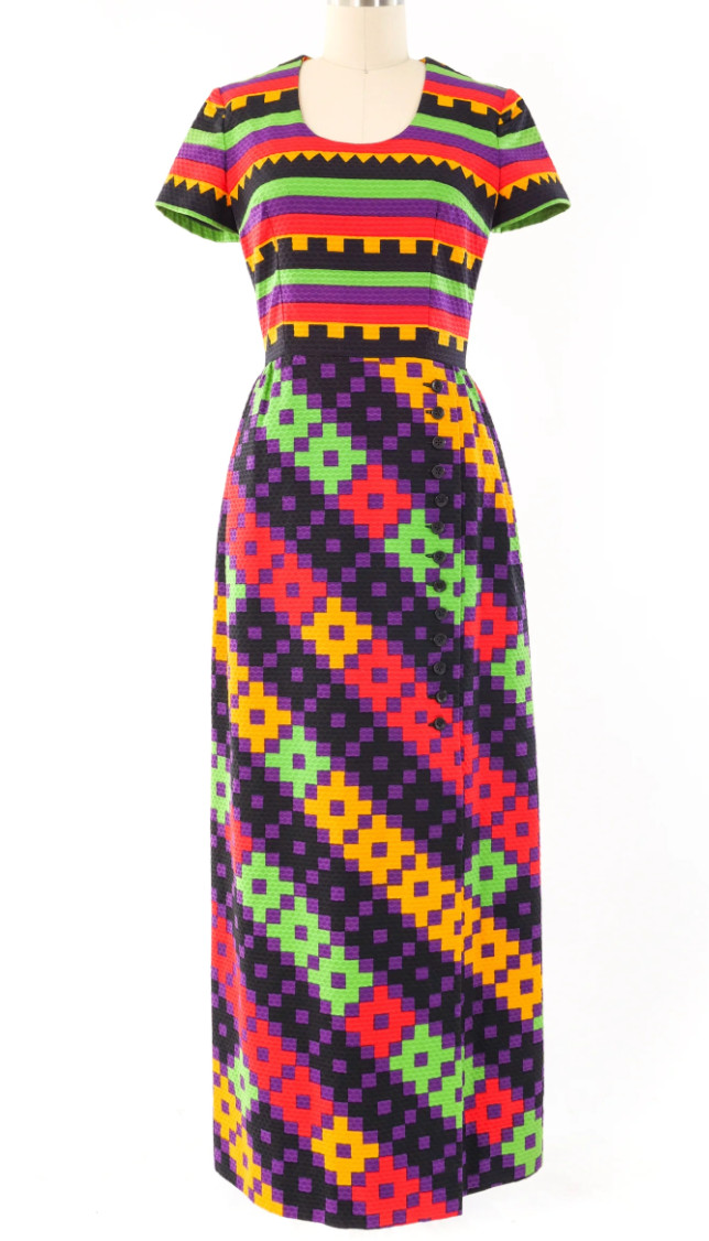 Excellent Cond 1970’s Lanvin geometric print maxi dress || vtg sz 8, modern 4/6