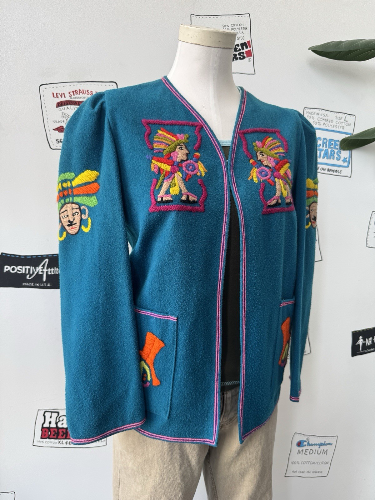 Vintage Lab Mex Mexican Souvenir Jacket Sz M Folk Art Embroidered Wool 50s