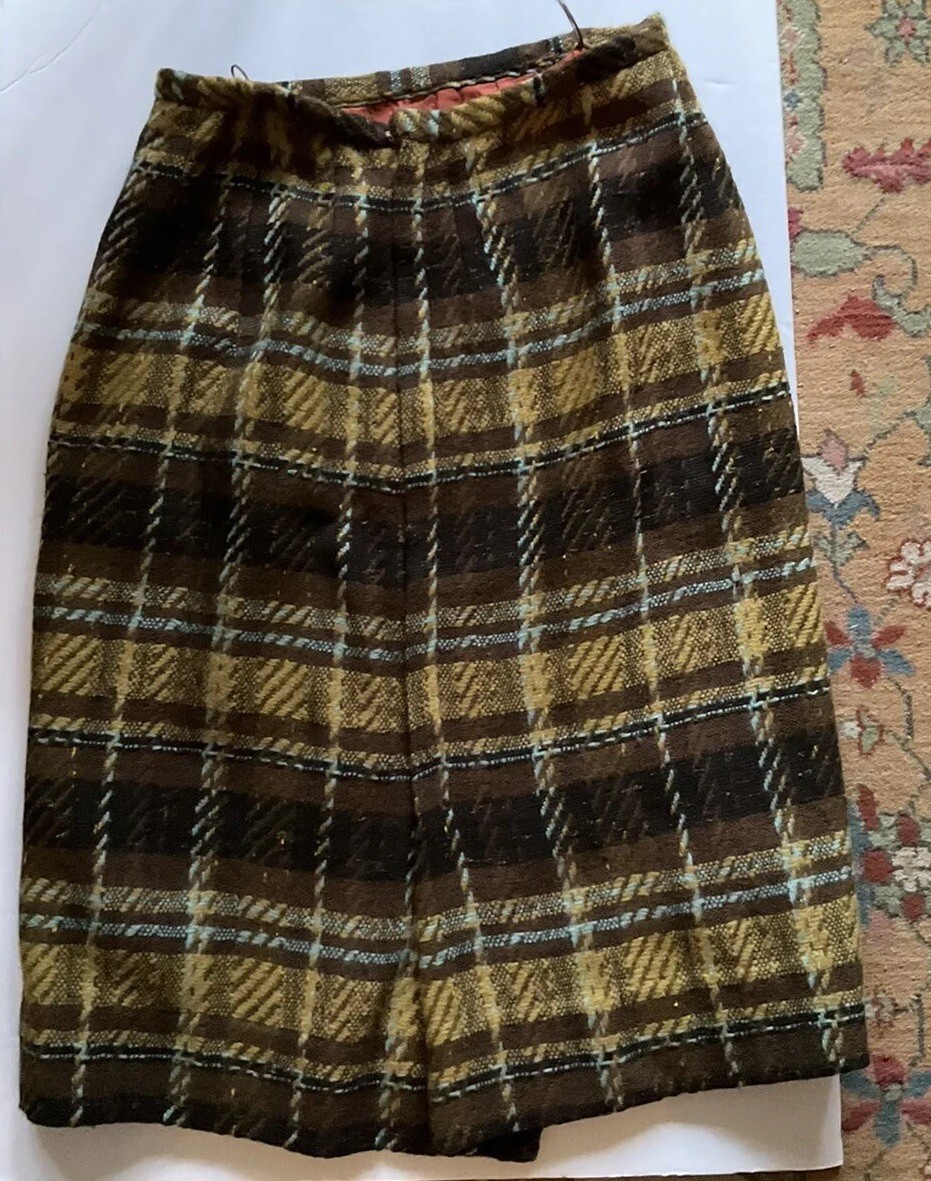 Vintage Sportempos Skirt Brown Yellow Plaid Pencil WOOL Tweed Small Blue