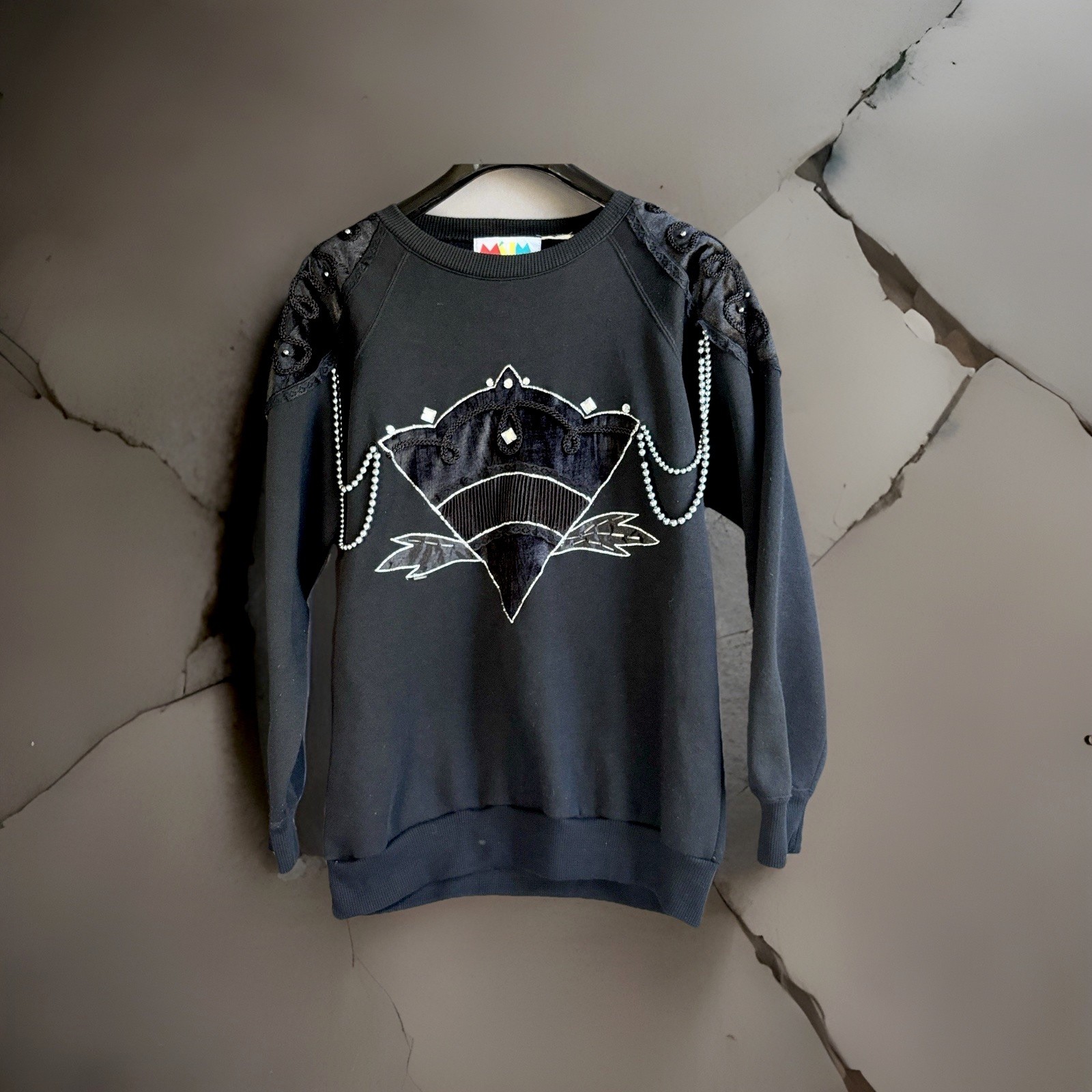 VTG 90s MARCY’ N ME Appliqué Unique Sweatshirt Pullover Artsy BLACK Sz LARGE