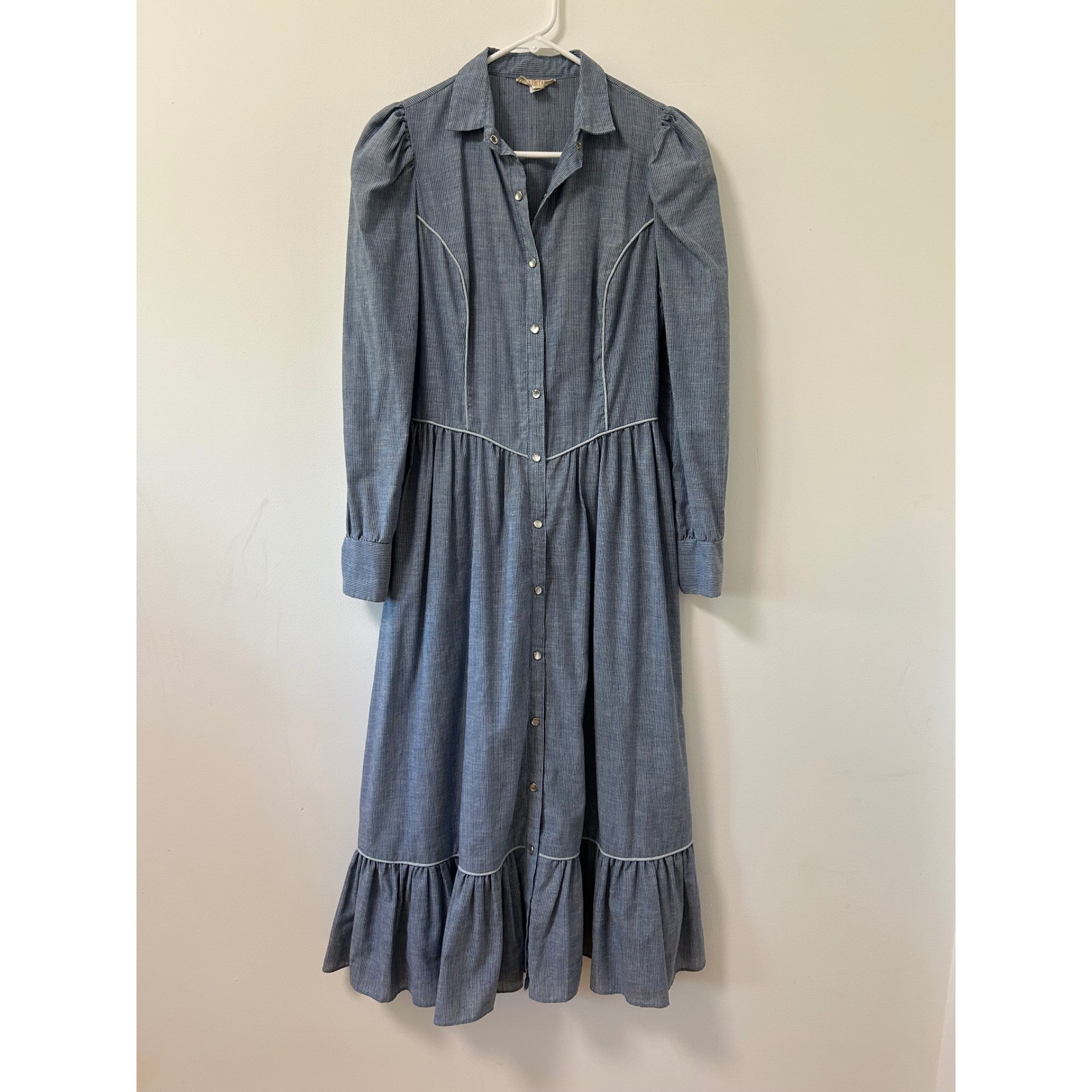 Vintage Western Prairie Midi Dress Blue Striped Button Front Ruffle Hem Small