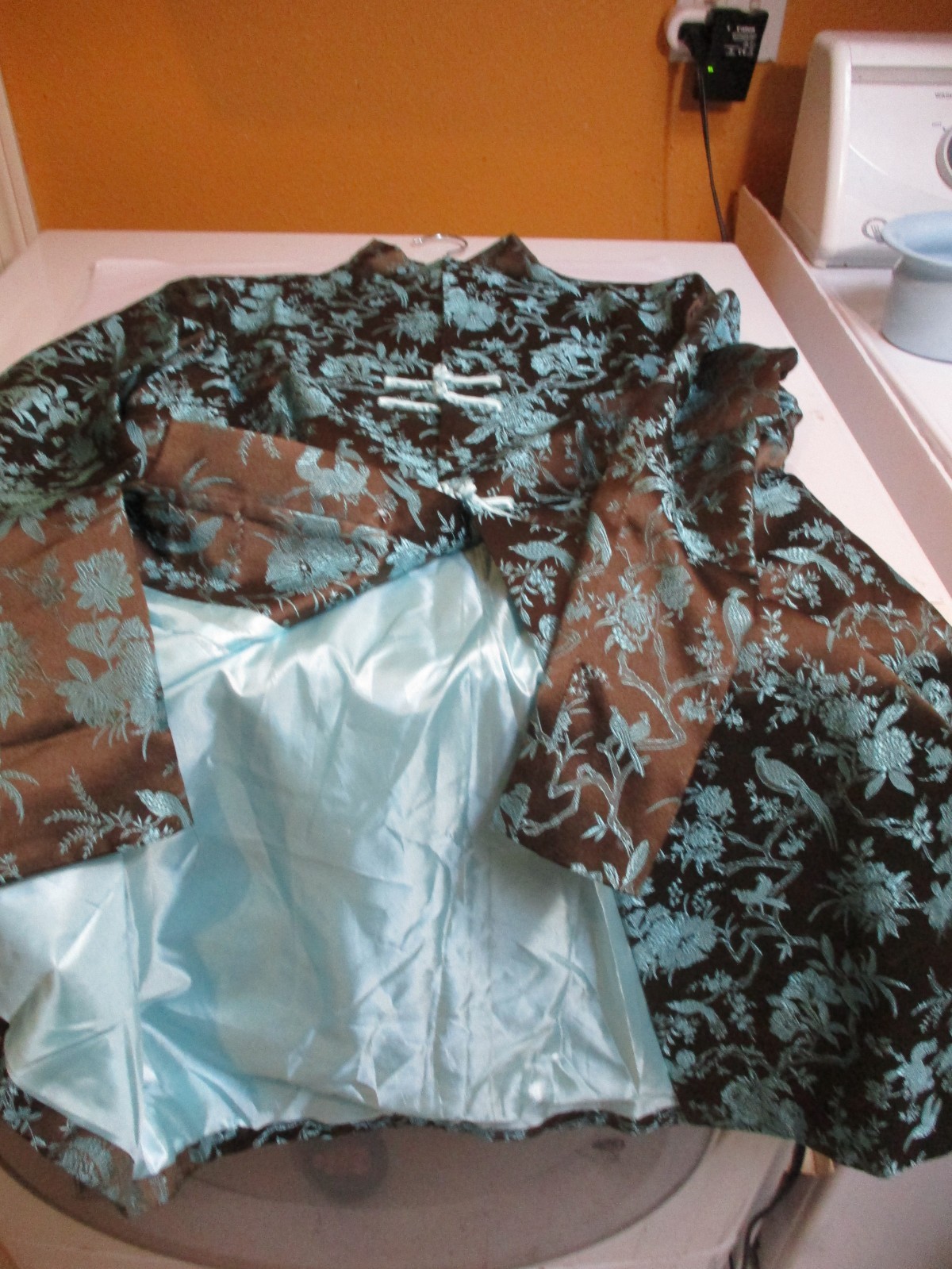 Vintage Asian Embroidered Silk /Rayon Coat/Jacket – Turquoise- Brown -S- M (38)