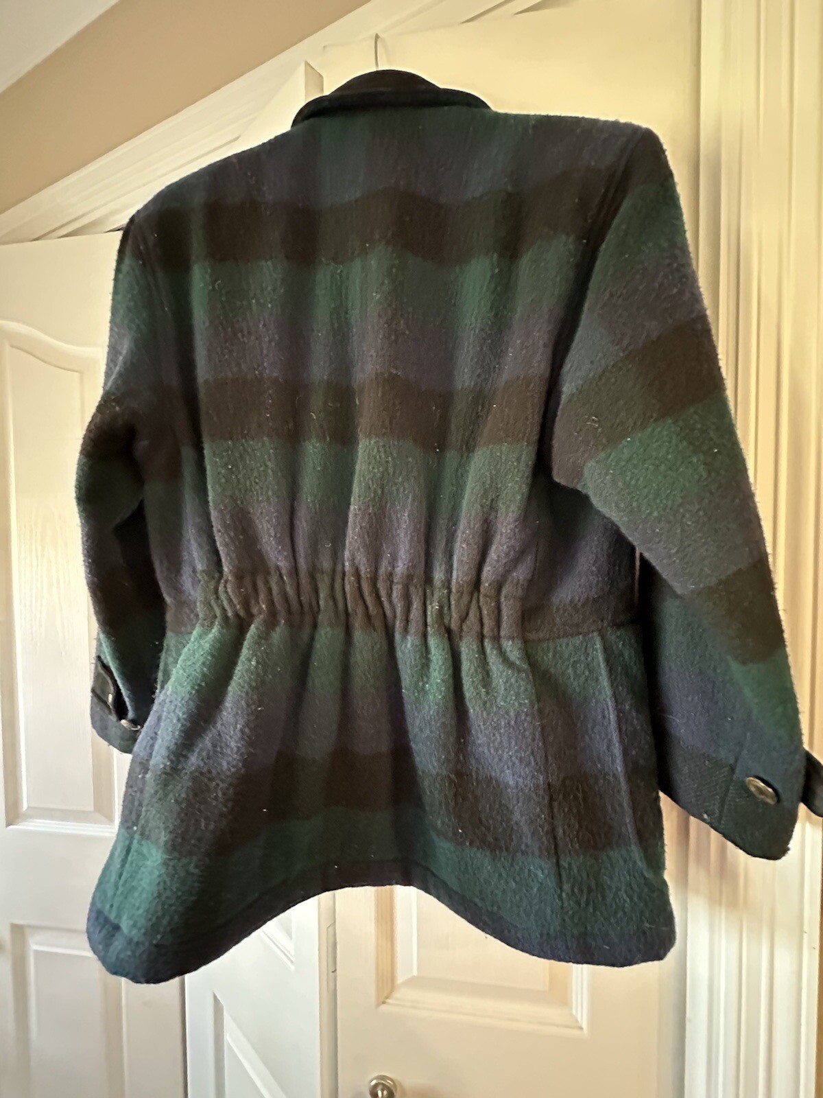Woolrich Plaid Wool Coat, Leather Trim Size S Large Pockets, USA Vintage Women’s