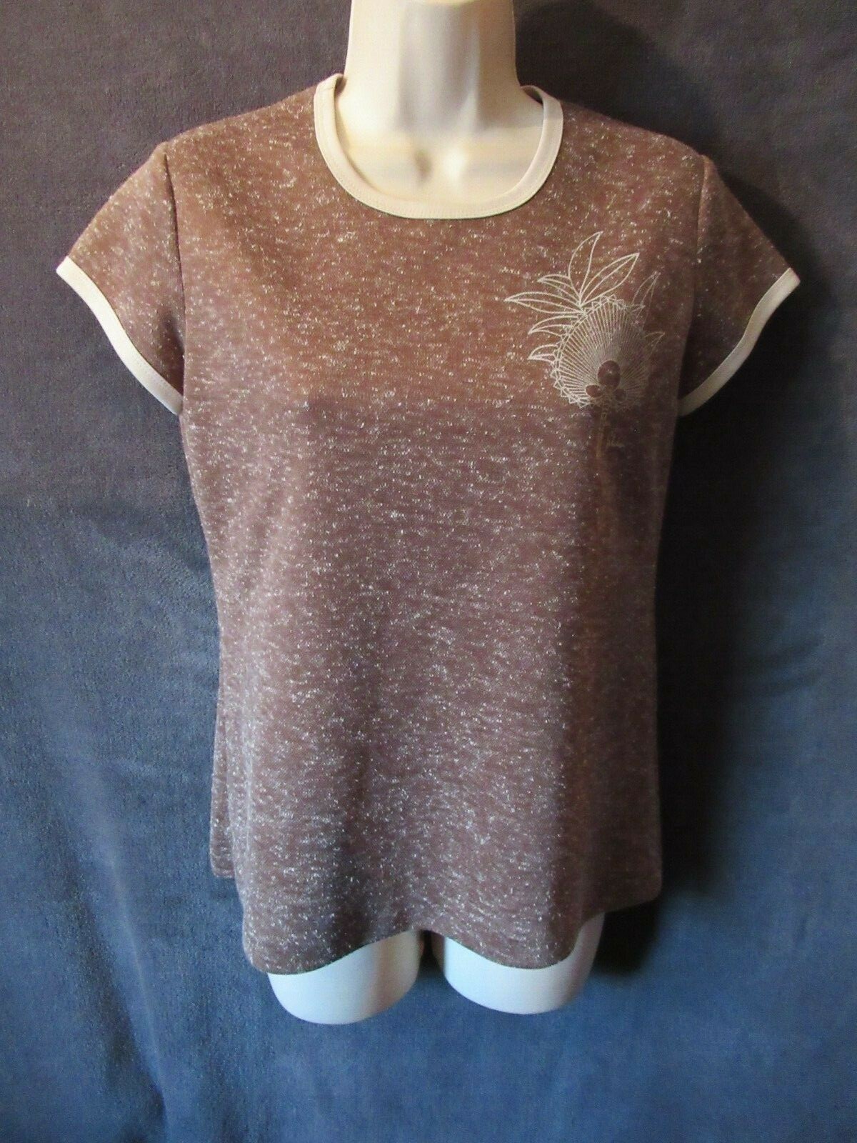 70’s Vintage Miss Shaheen California Hawaii Brown Taupe Speck Knit T Shirt Top M