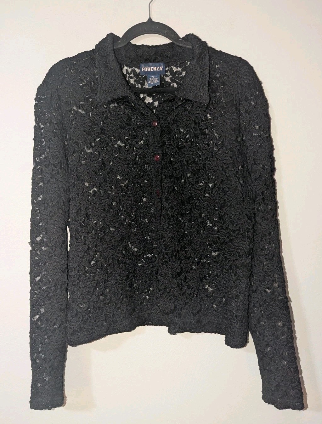 Forenza Vintage 90s Black Lace Collared Button Up Shirt Size Large L