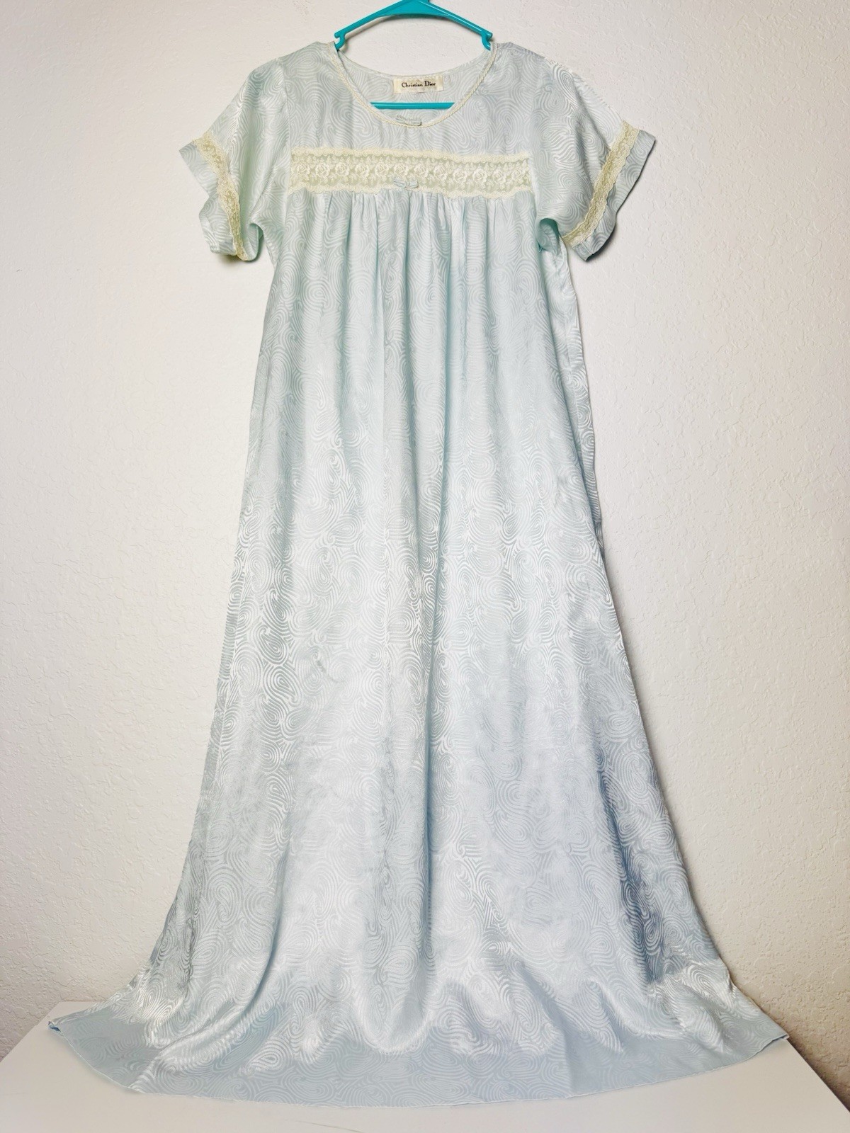 Vintage 1950s Christian Dior Blue Silky Satin Nightgown Lace Trim Small