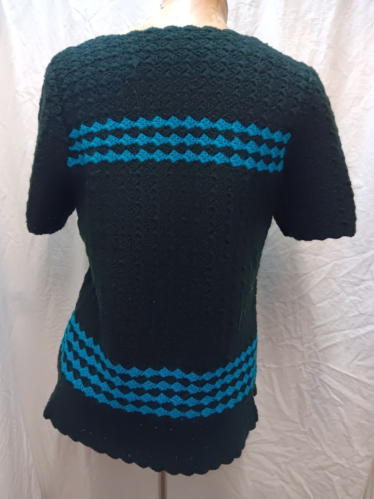 Lot of 2 Vintage 1950’s Hand Knit Cotton Wool Turquoise Black Sweater Tops M