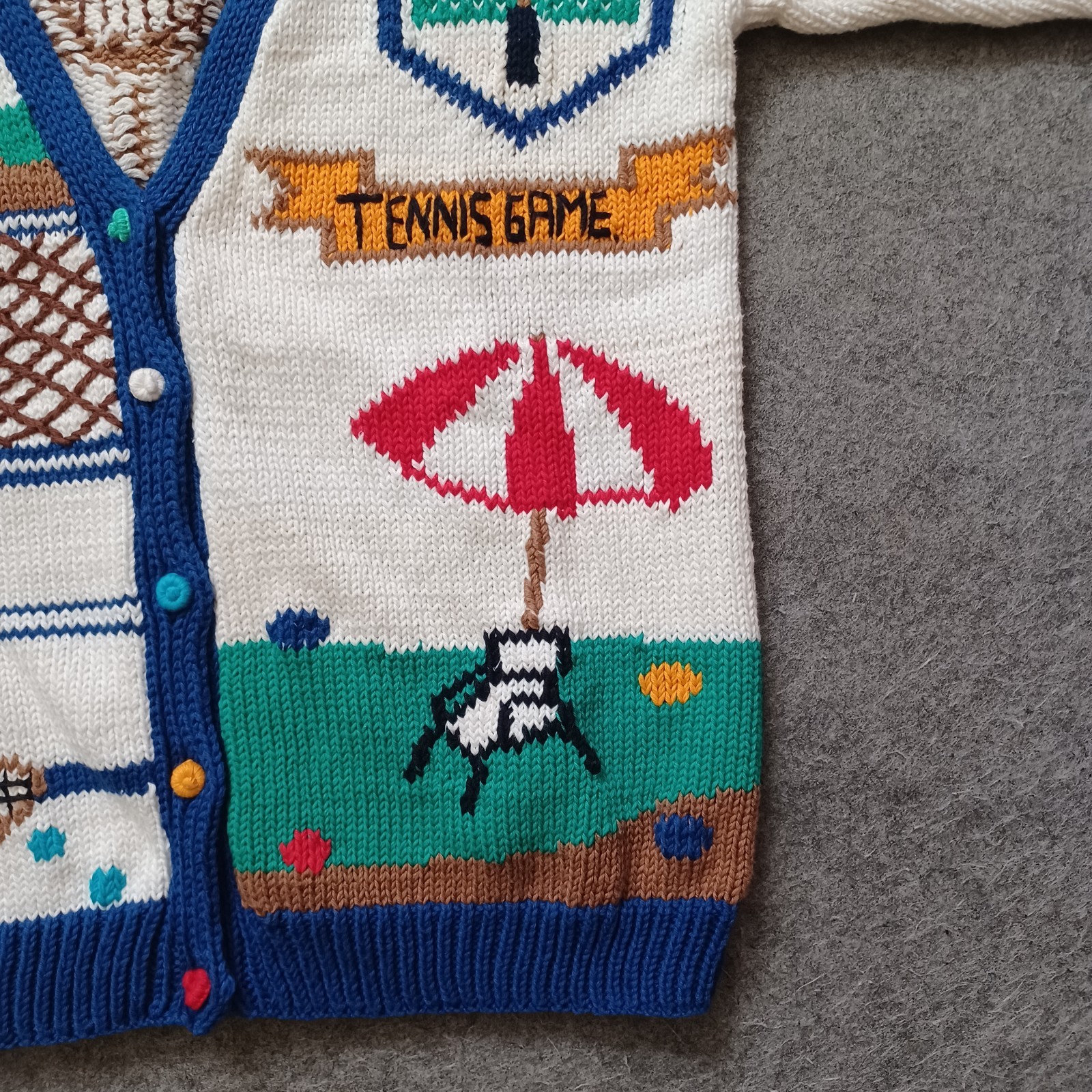 Vintage Lumy Cardigan Sweater Womens Large Tennis Game Theme Hand Knitted 80s
