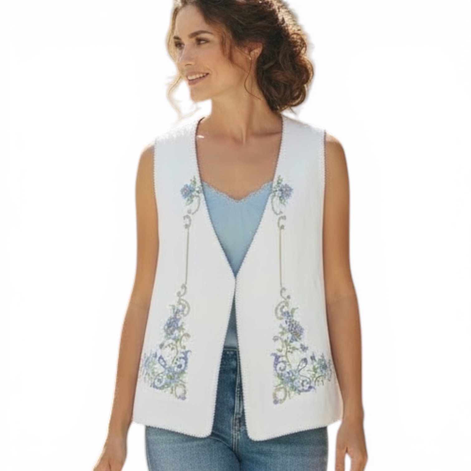 Vintage Floral Cross Stitch Embroidered Wht Linen Vest Handmade Upcycled Sz S