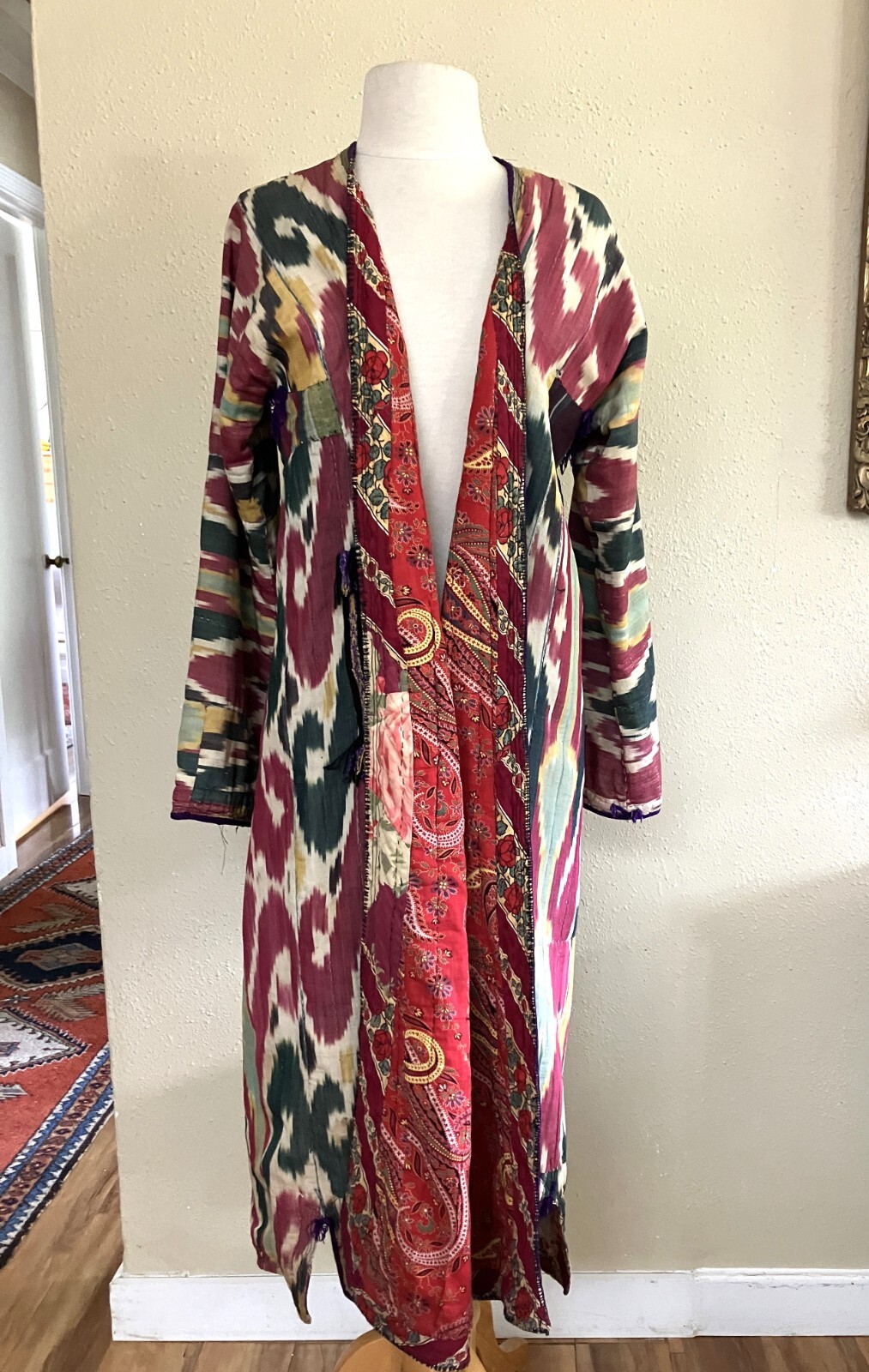 Vintage Uzbek Cotton Chapan, Coat Ikat Woman’s Sz S/M Red Lining