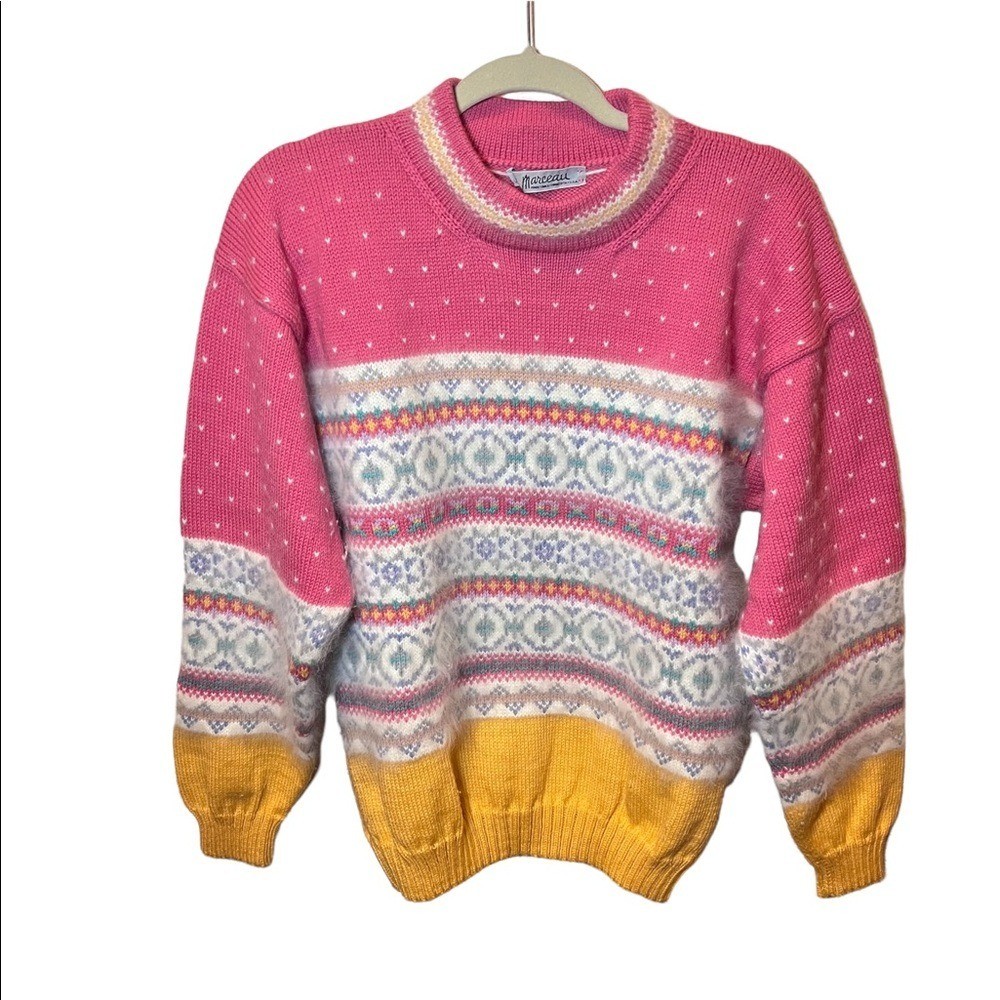 Vintage Marceau Wool Angora Fair Isle Sweater Fuzzy Pink Mustard Cottagecore