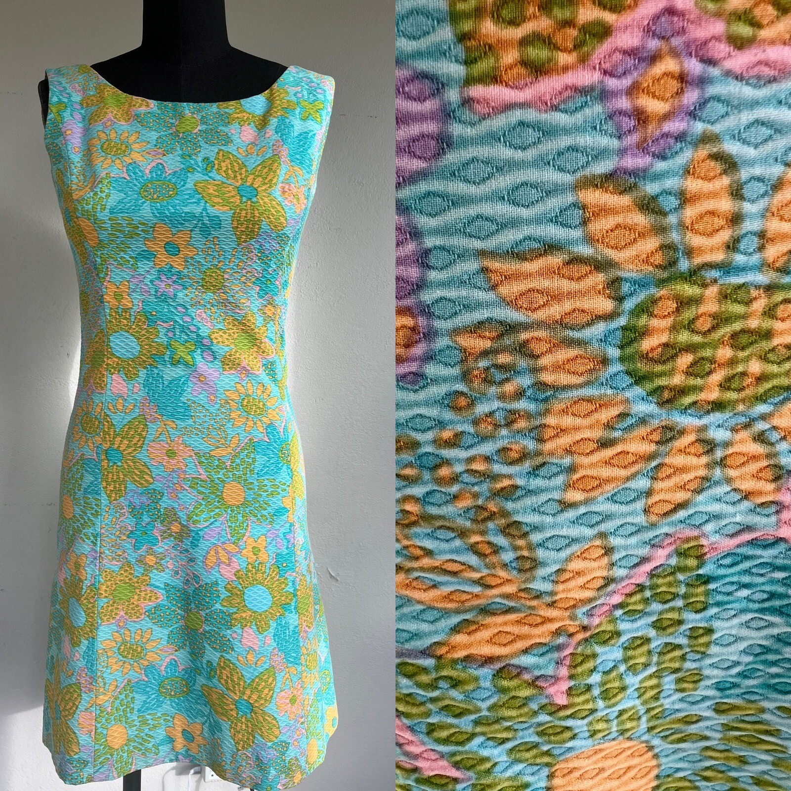 VTG 1960’s Green Pink Orange Damask Floral Shabby Chic Sun Mini Dress S M GREAT