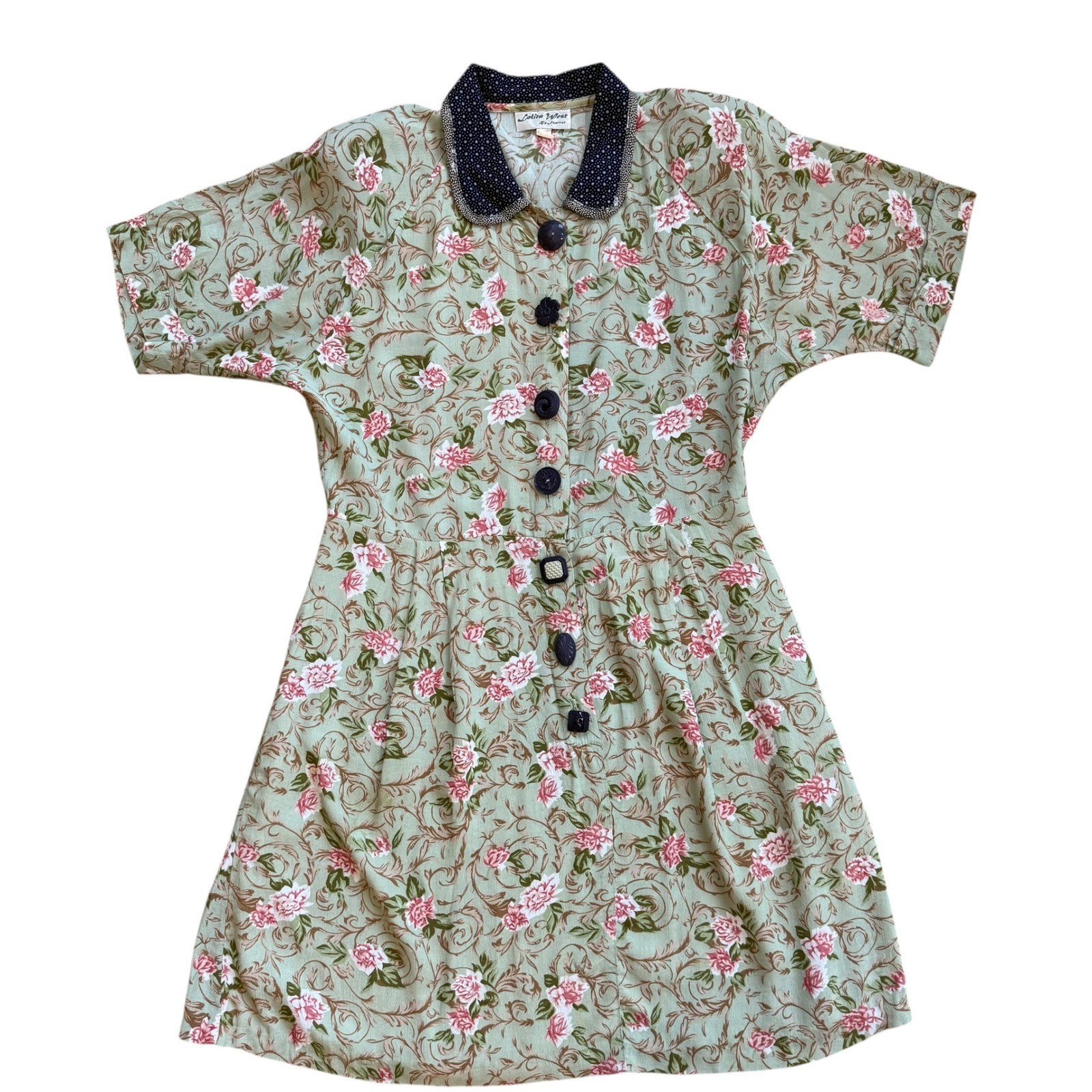 Lolita West by Foxtrot Vintage Floral Button Front Dress Sage Green Cottagecore