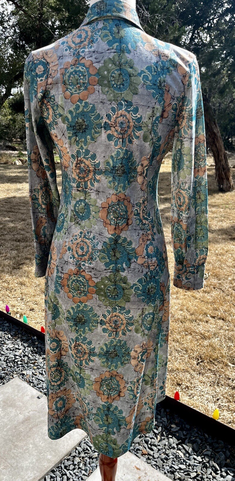 Homemade Paisley Green Long Sleeve Dress 1970s Style Vintage? 30 Waist 35 Bust