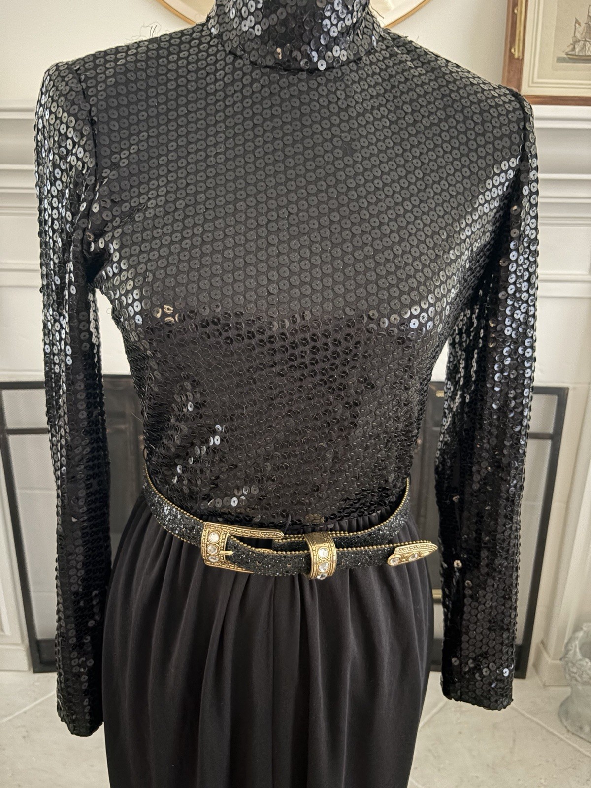 Vintage Dominic Rompollo Dress Gown Sz 6 Black Sequins Gold Belt Long Sleeve
