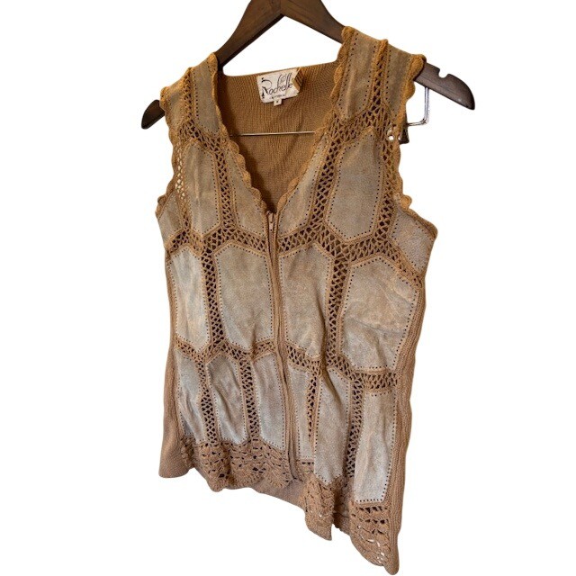 Vintage Rochelle California Leather Patchwork Crochet Zip Vest Tan Women’s M