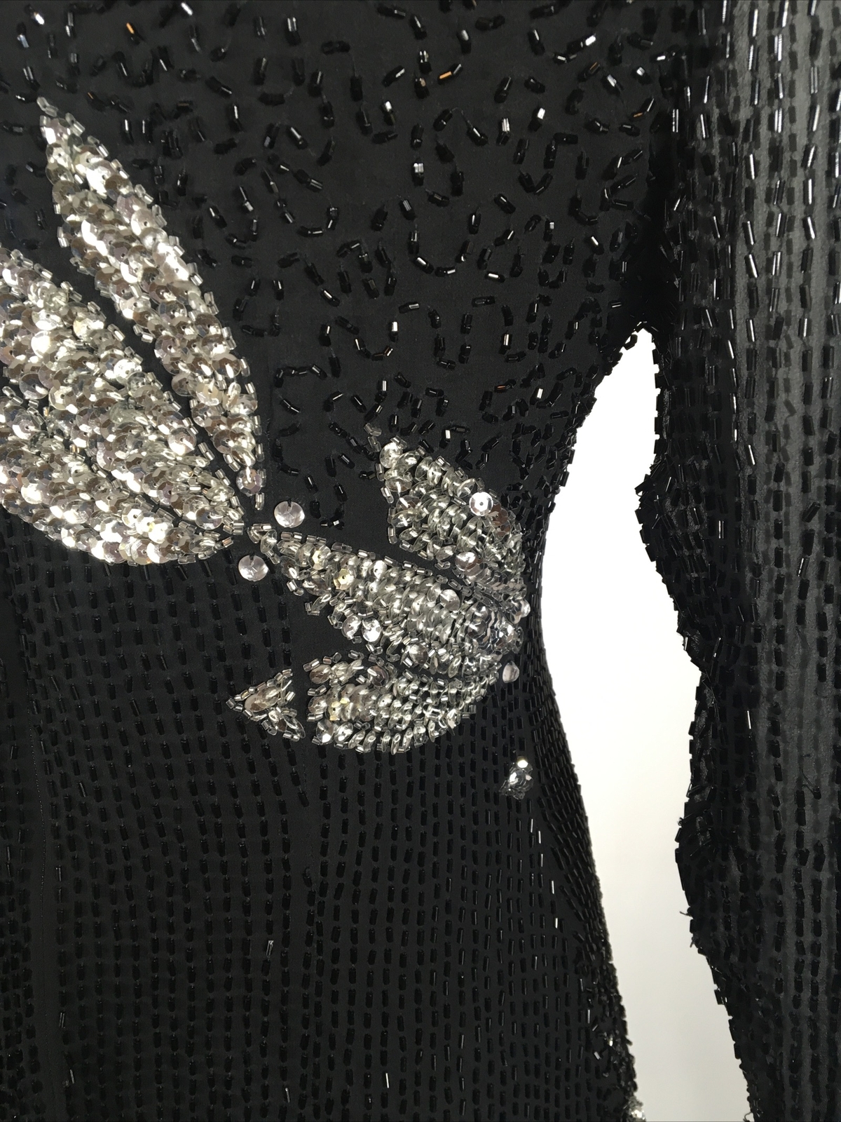 80s Silk Sequin Cut Out Dress Floral Beaded Long Sleeve By Sho Max sz M
