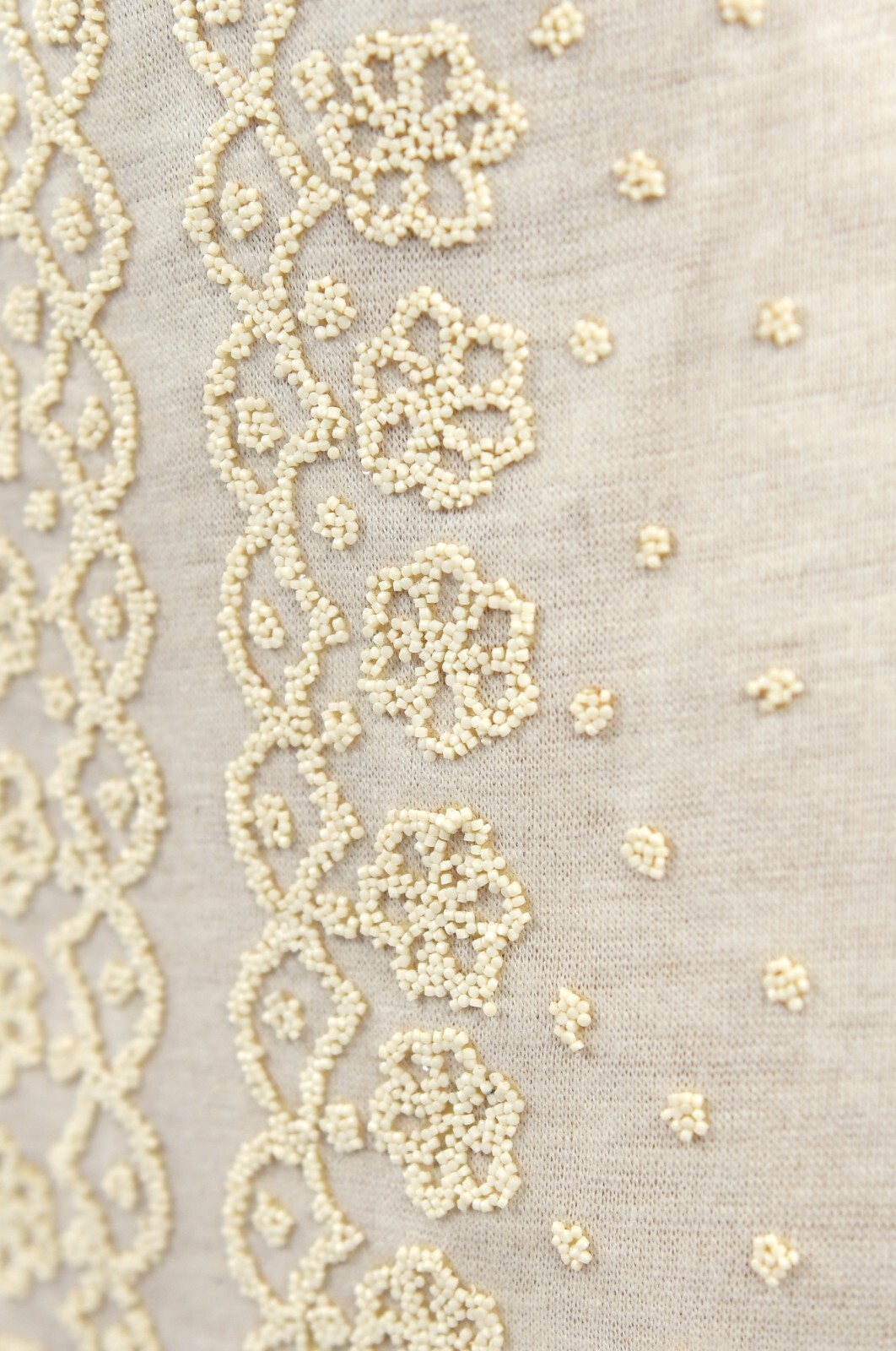 Vintage 60s Light Cream Floral Seed Bead Embellished Hourglass Cocktail Dress S