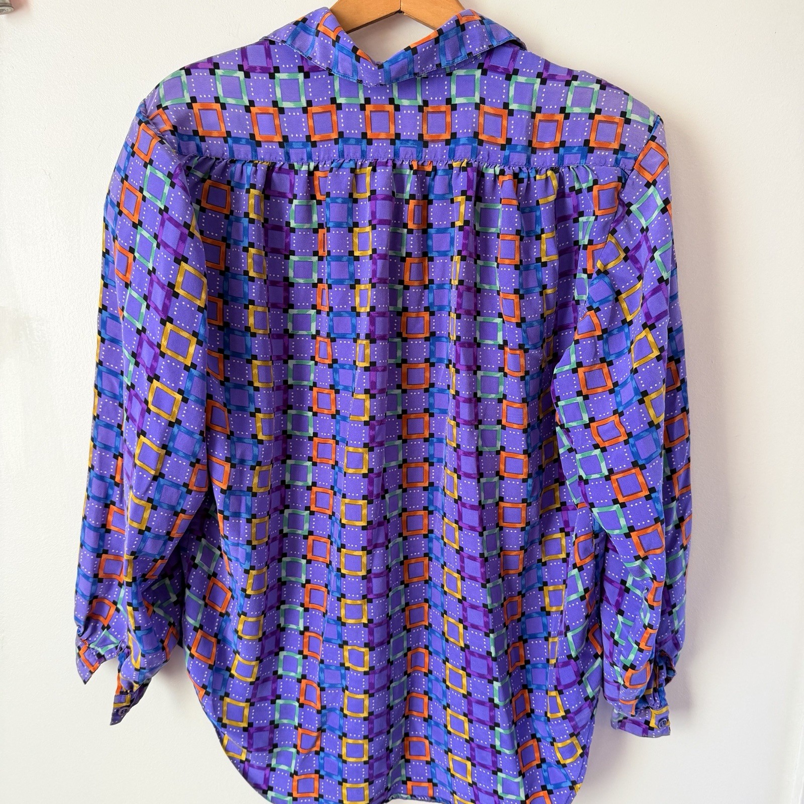 Vintage 90s Pure Silk Geometric Blouse Purple Memphis Art