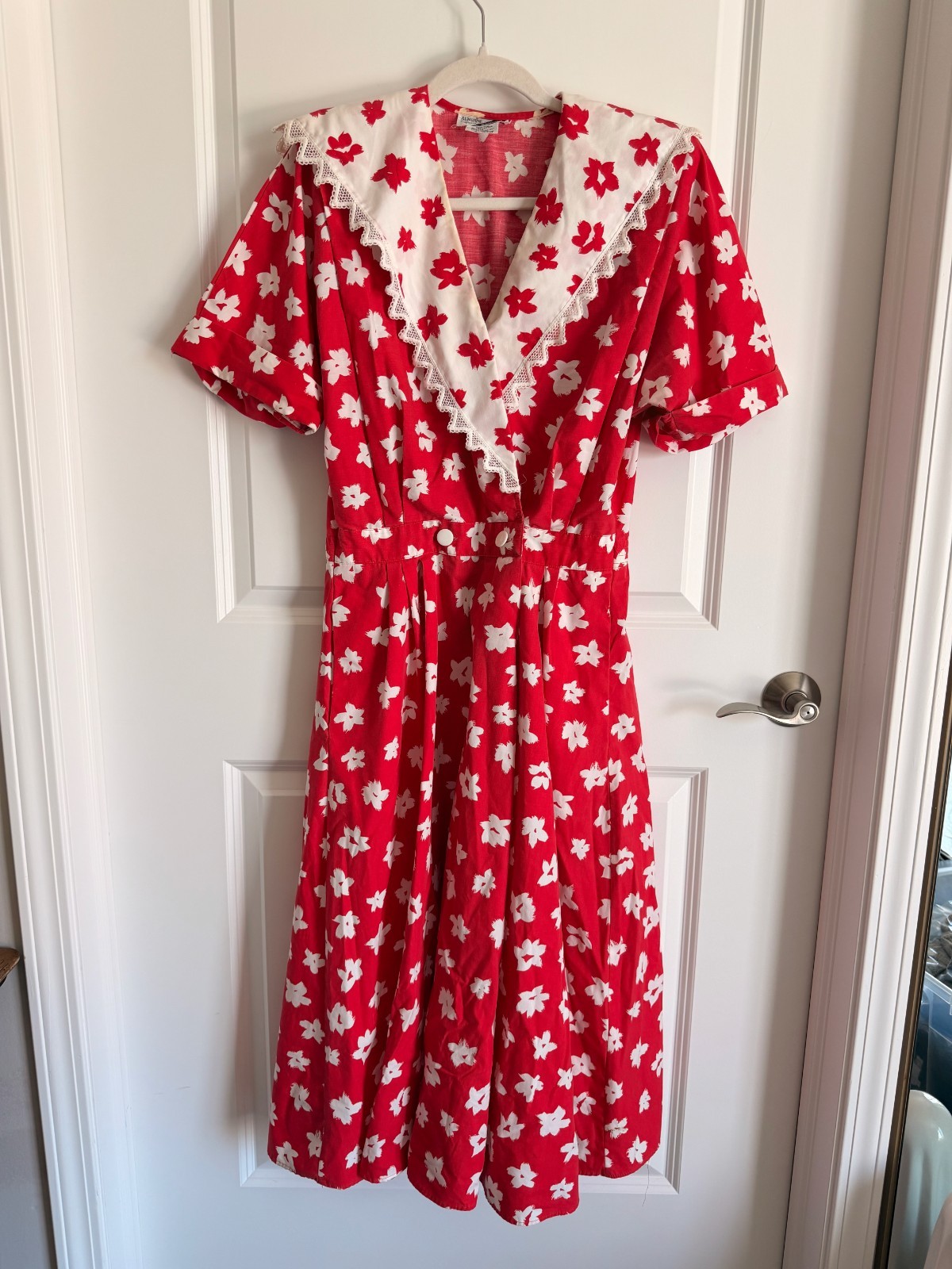 Vintage 80s Sunshine Starshine Red Floral Midi Dress 10 Lace Sailor Collar Retro