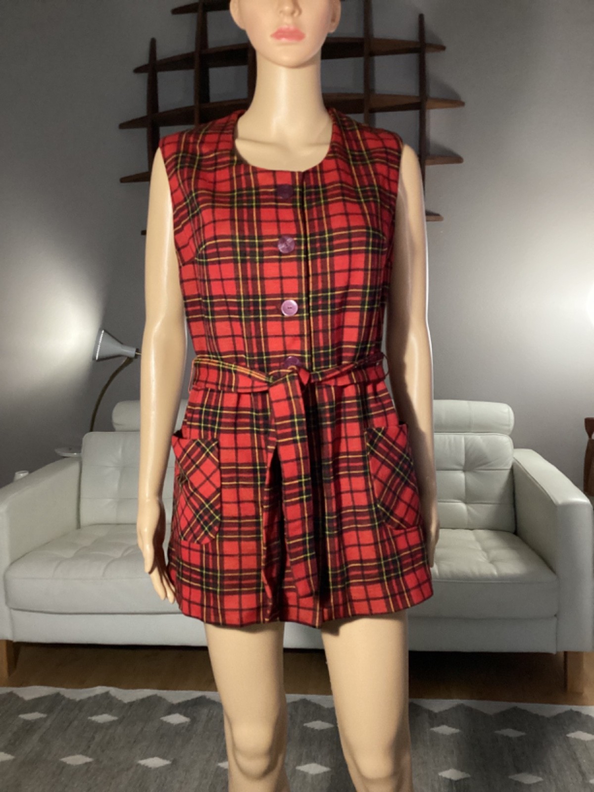 Vintage Early 1970’s Butte Knit Red Plaid Belted Mini Dress Mod Hippie