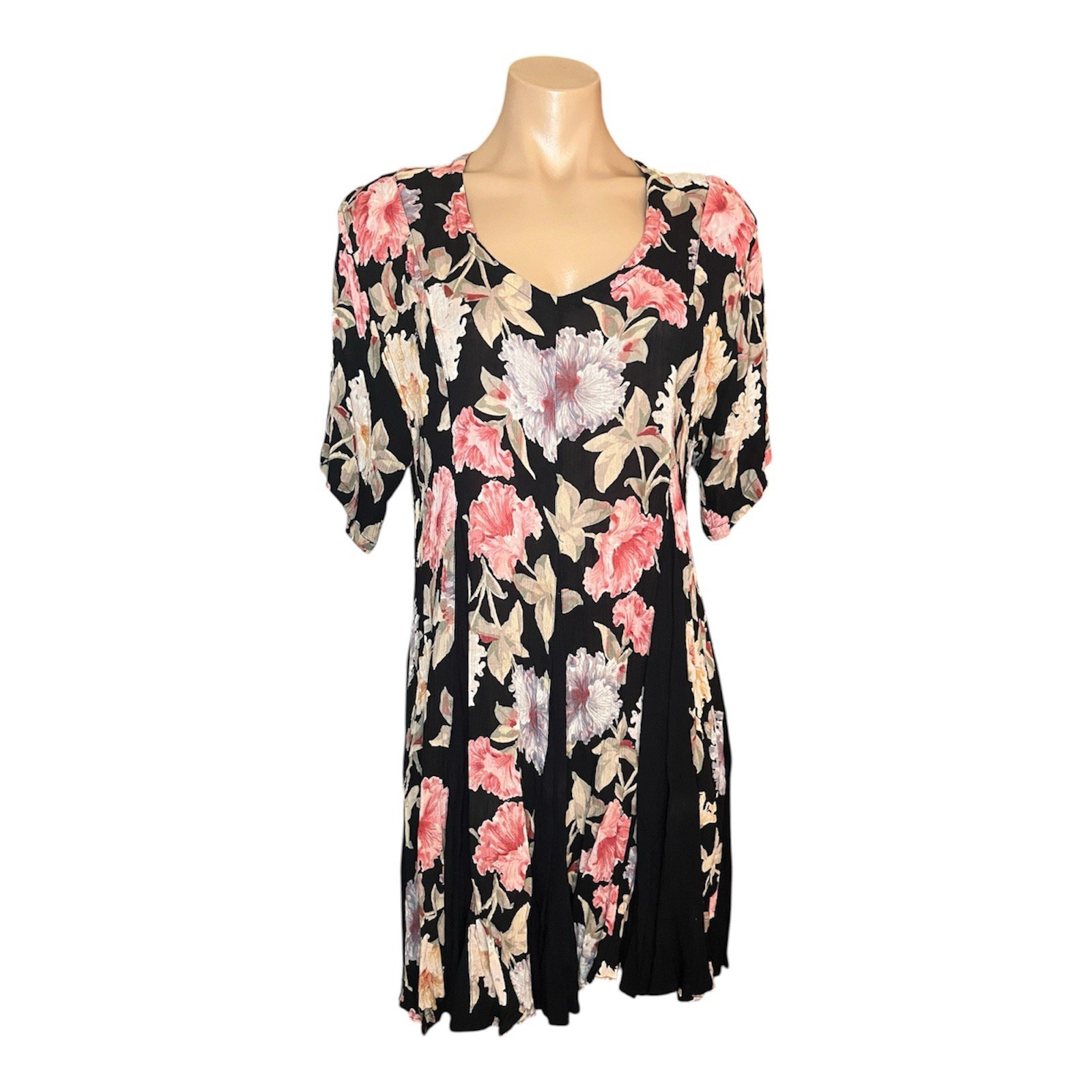 VTG Starina 90s Babydoll Dress in Black Pink Floral Whimsy Grunge Pull-Over~M