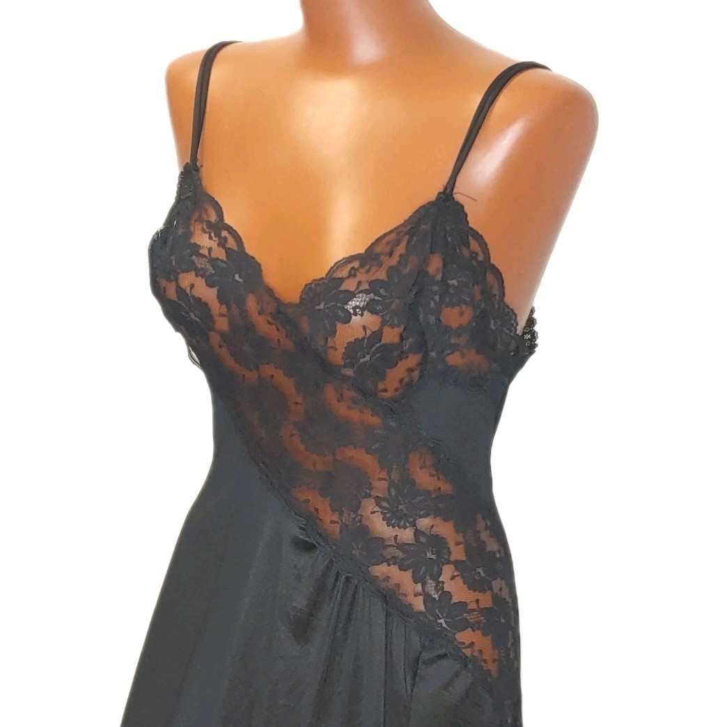 Vintage Sheer Lace Nylon Long Slip Dress Woman Sz 30 Satin Black High Front Slit
