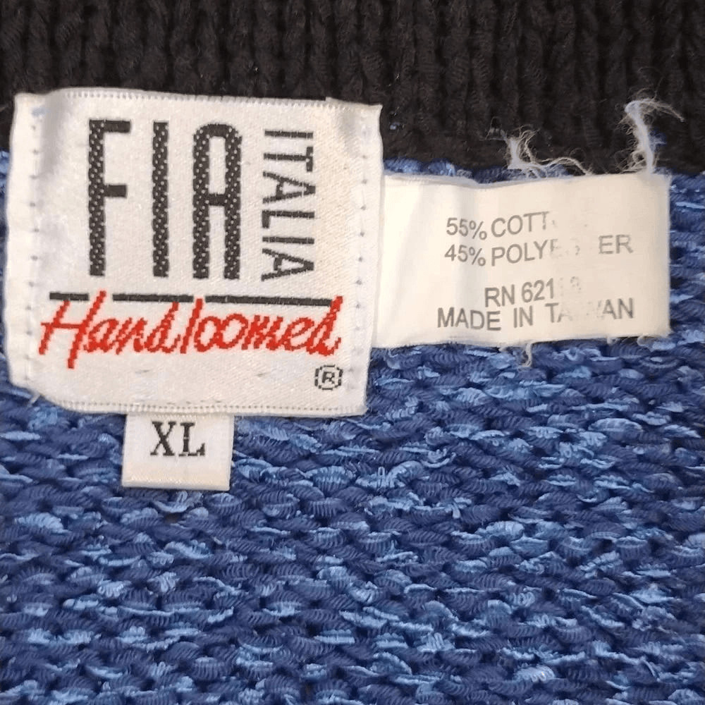 VTG 80s 90s Fia Italia Handloomed Blue Black Knit Zip Cardigan Sweater XL