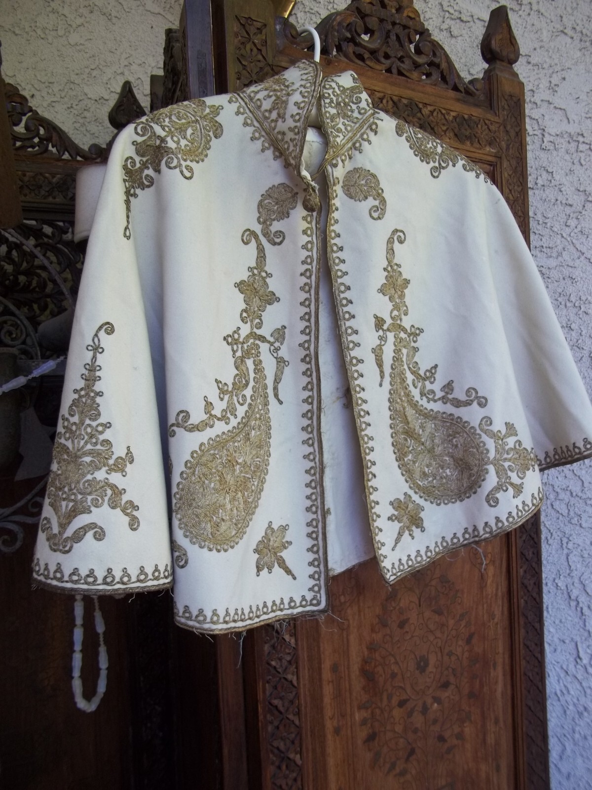 Antique Victorian Ivory Wool Felt Cape Metallic gold Embroidery Paisley Design