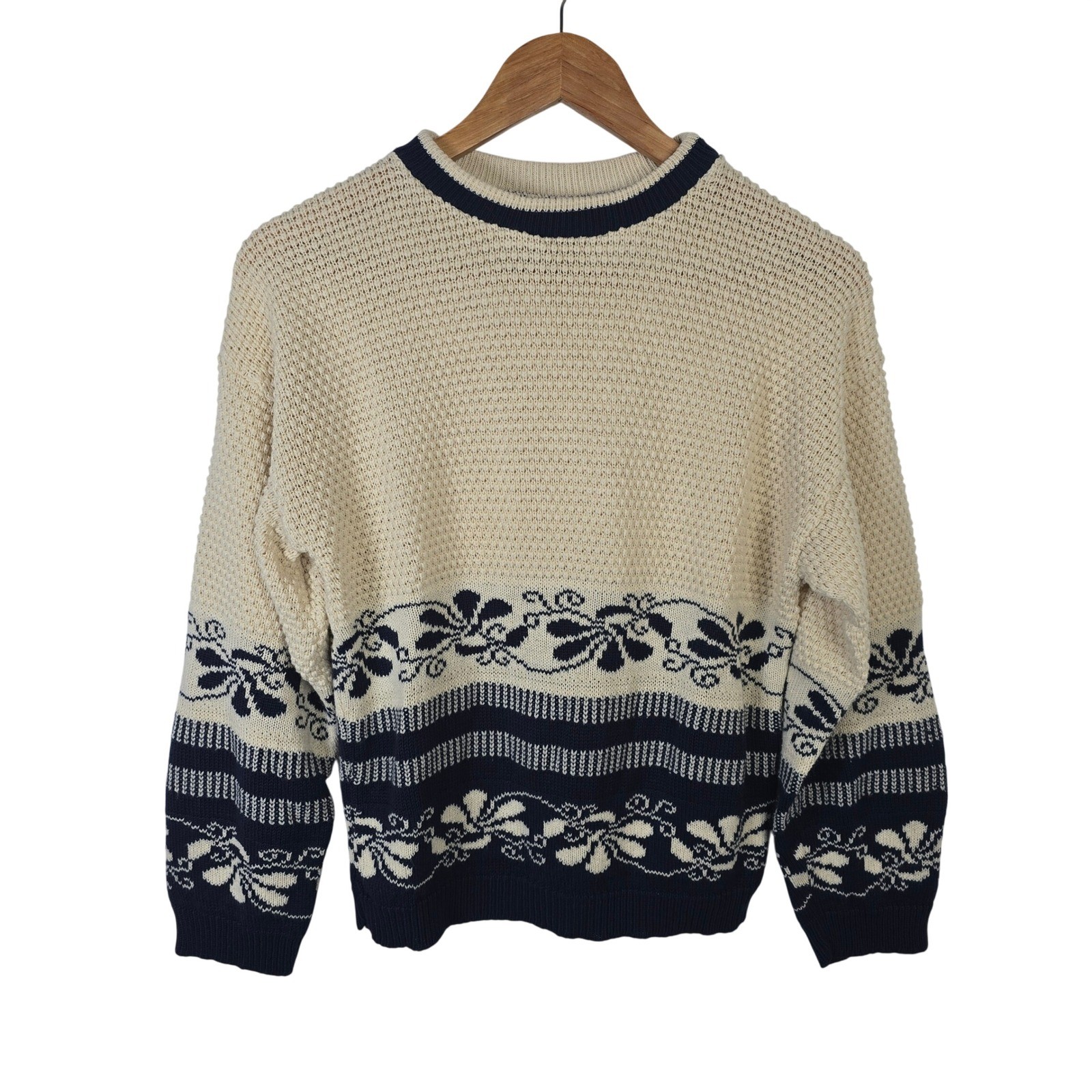 Picket and Post Vintage Womens Petite Floral Knit Sweater Cream Navy Blue USA
