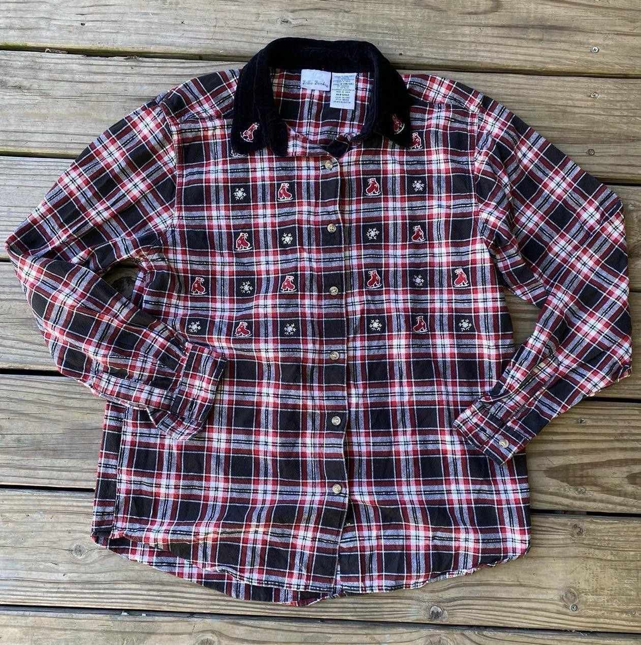 VTG Bobbie Brooks Plaid Ice Skate Snowflake Button Up with Velour Collar – L
