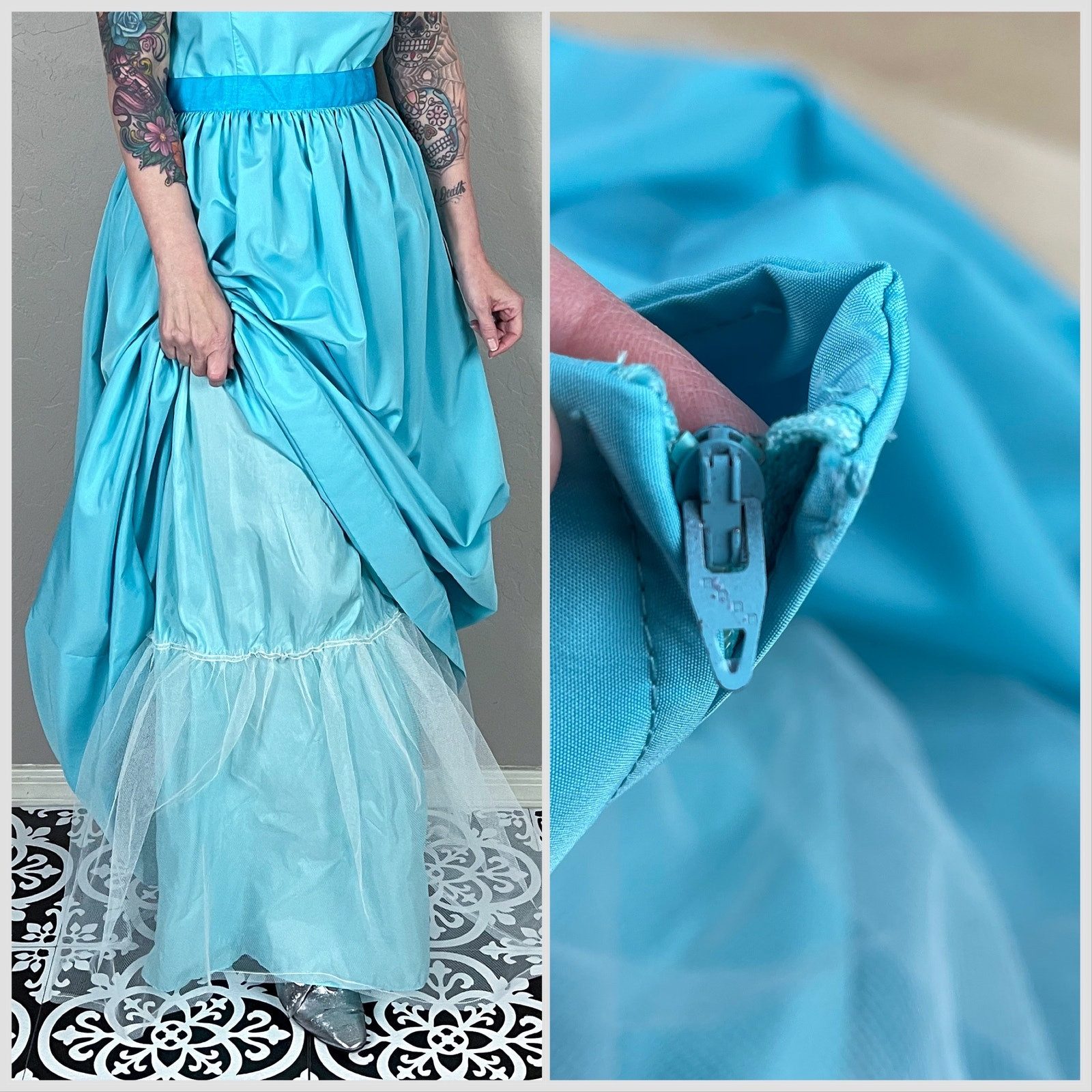 Sky Vintage 1970s Blue Empire Waist Prom Gown | 26″ – 28″ Waist
