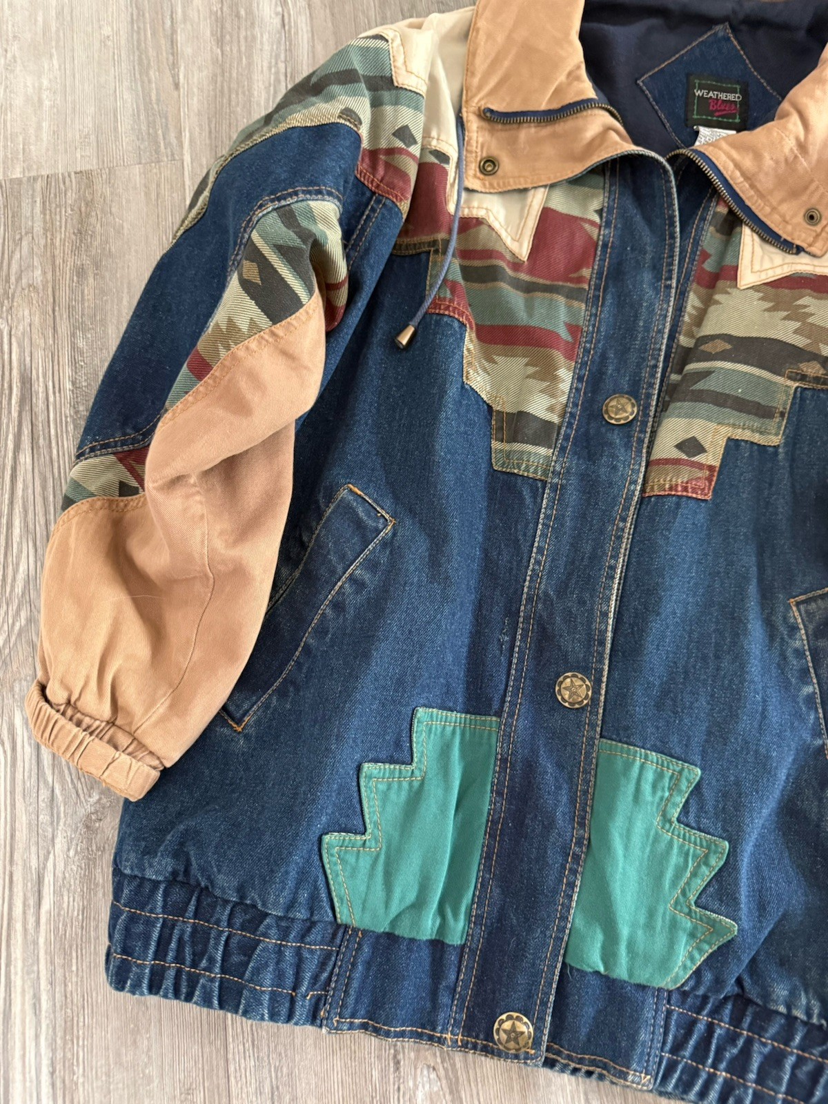 VTG Weathered Blues Izzi Western Denim Jean jacket Southwest Aztec Patchwork L
