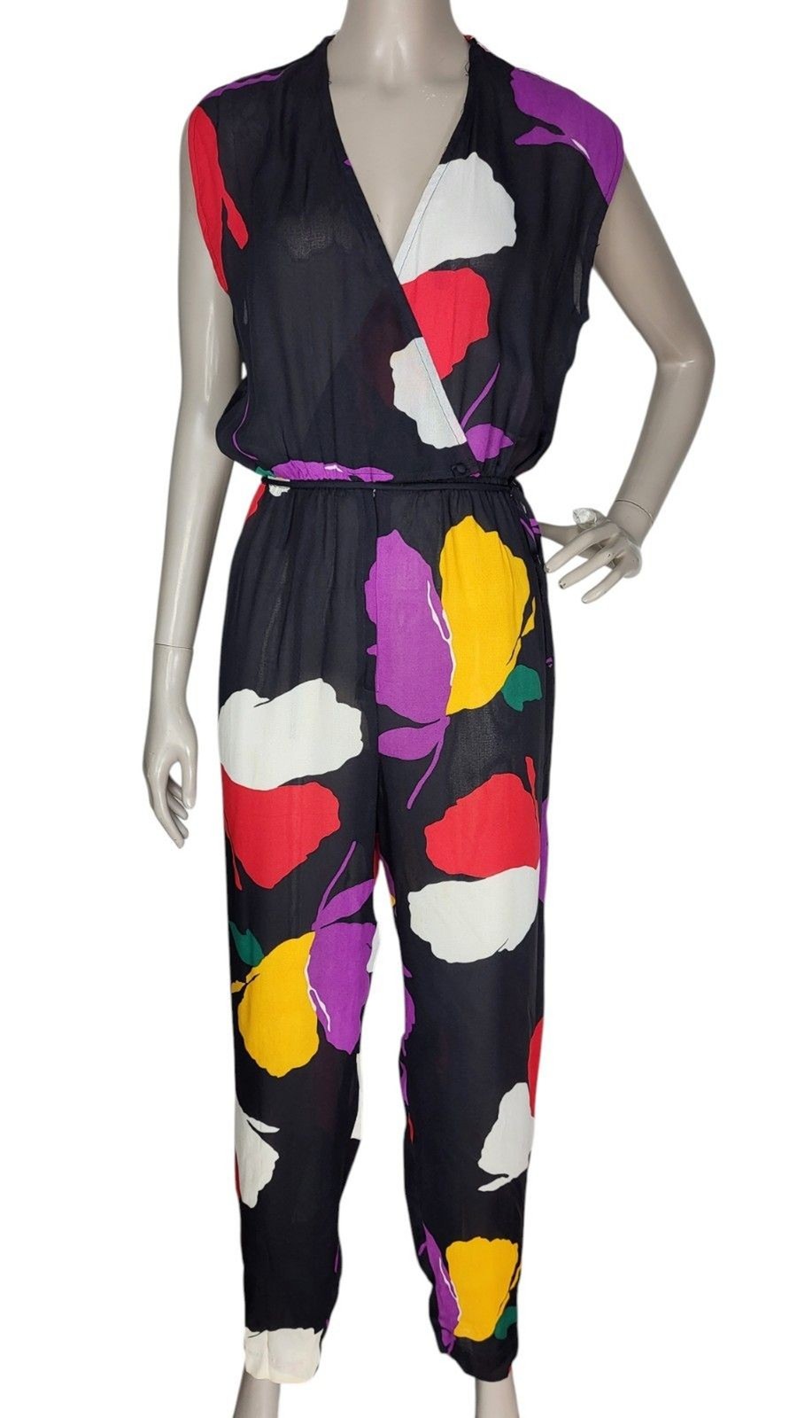 Vintage 70s/80s Ann Marie Black Abstract Floral Sleeveless Surplice Jumpsuit