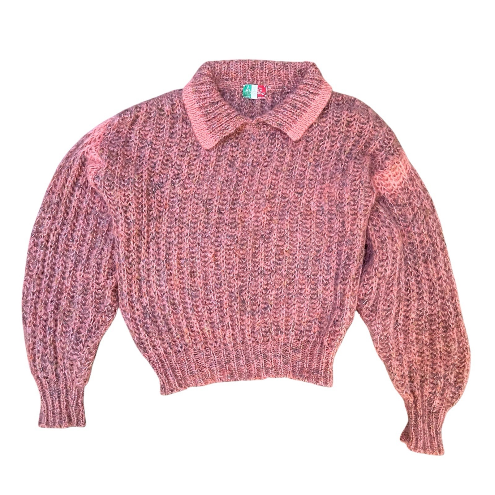 Vintage 1980s Armente Pink Mohair Wool Knit Collard Sweater