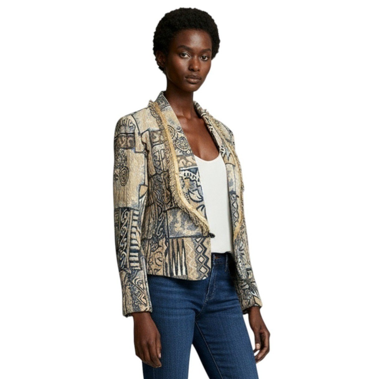 City Girl Sport Women’s Tapestry Jacket Cropped 90s Blue Tan Fringed Size 6