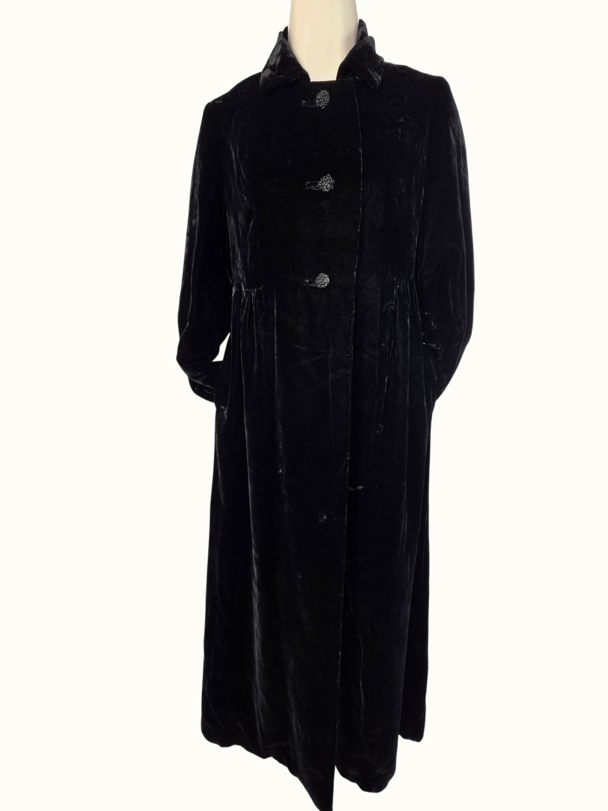 Vintage Marsis California Black Velvet Maxi Opera Coat XS/S Glass Btn Gothic 70s