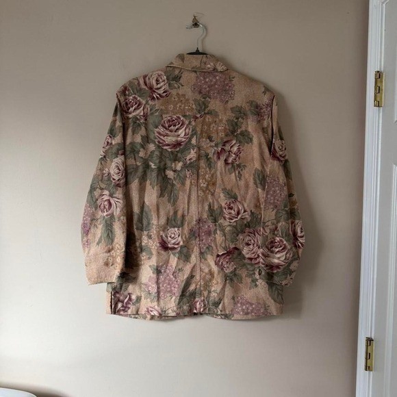 Vintage 90s Jones New York sport floral chore coat linen cotton tan pink