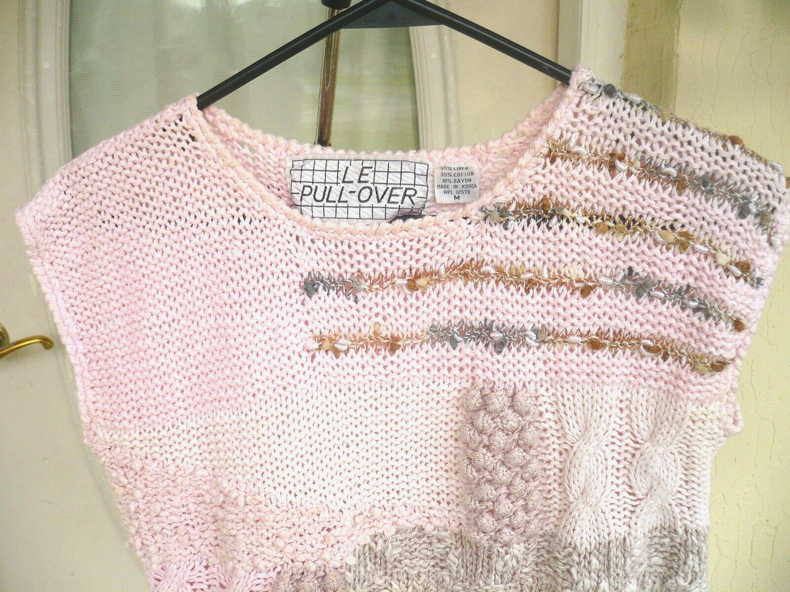 VTG 80S KOREAN POPCORN PINK IVORY BROWN 3D SLEEVELESS LINEN COTTON M WOMEN PULLO