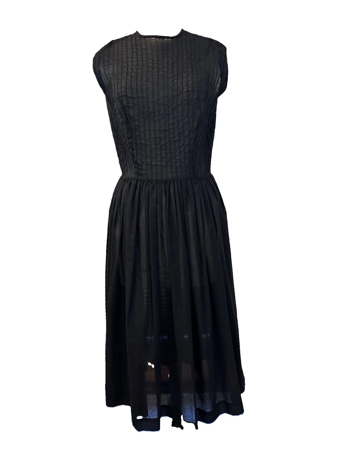 True Vintage 1950’s Black Sheer Cotton Mid Century Dress Pintuck Bodice M